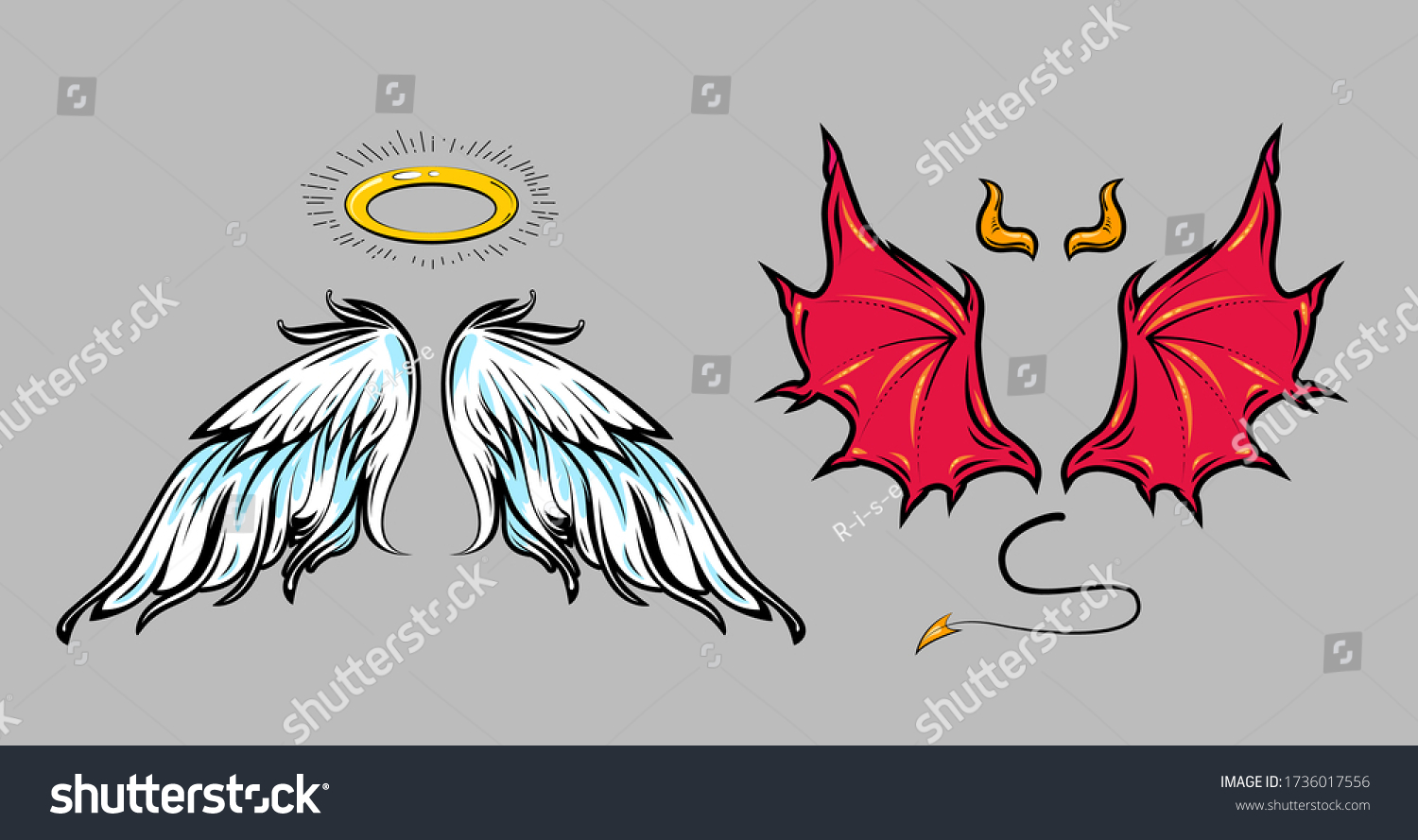 SVG of Angel and demon cartoon comic style attribute elements. Vector art of halo, wings, horns, tail. Good and bad concept illustration. Isolated on gray background svg