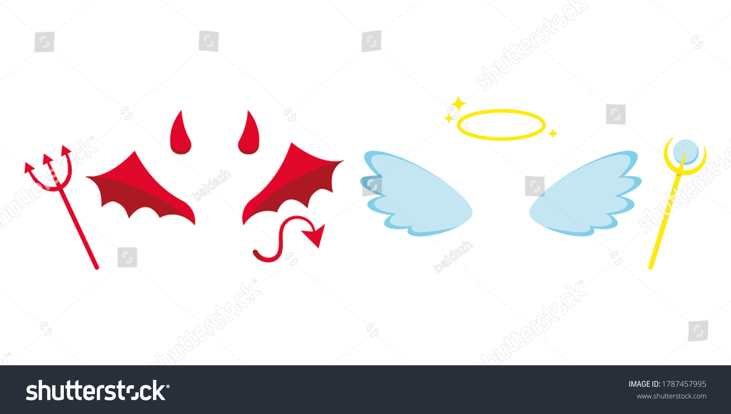 SVG of Angel and devil or demon costume attributes icon set isolated on white background - horns, light angel red evil wings, tail, halo, staff, trident sign. Flat design cartoon suit vector illustration. svg