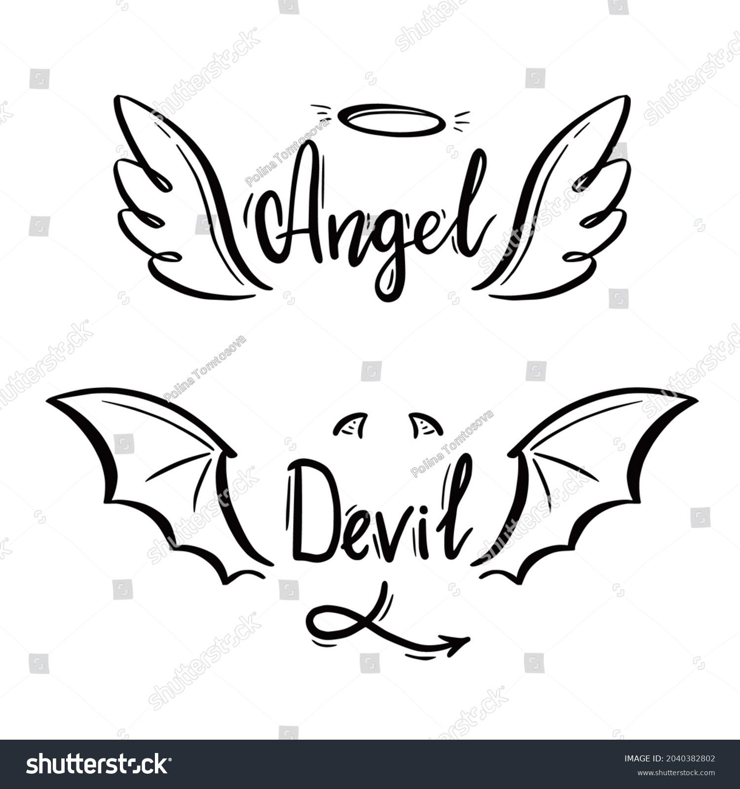 SVG of Angel and devil stylized vector illustration. Angel with wing, halo. Devil with wing and tail. Hand drawn line sketch style. svg