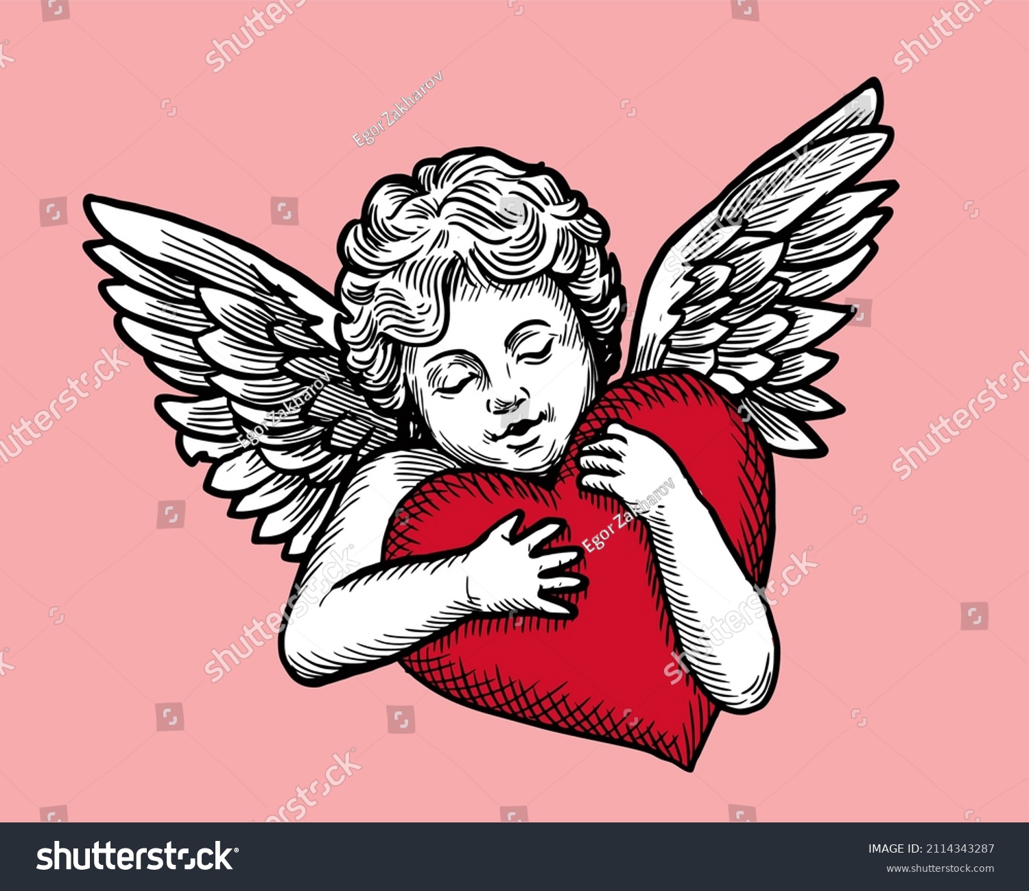 SVG of angel holds a heart. engraving line vector illustration. Cupid with heart. valentine's day art svg