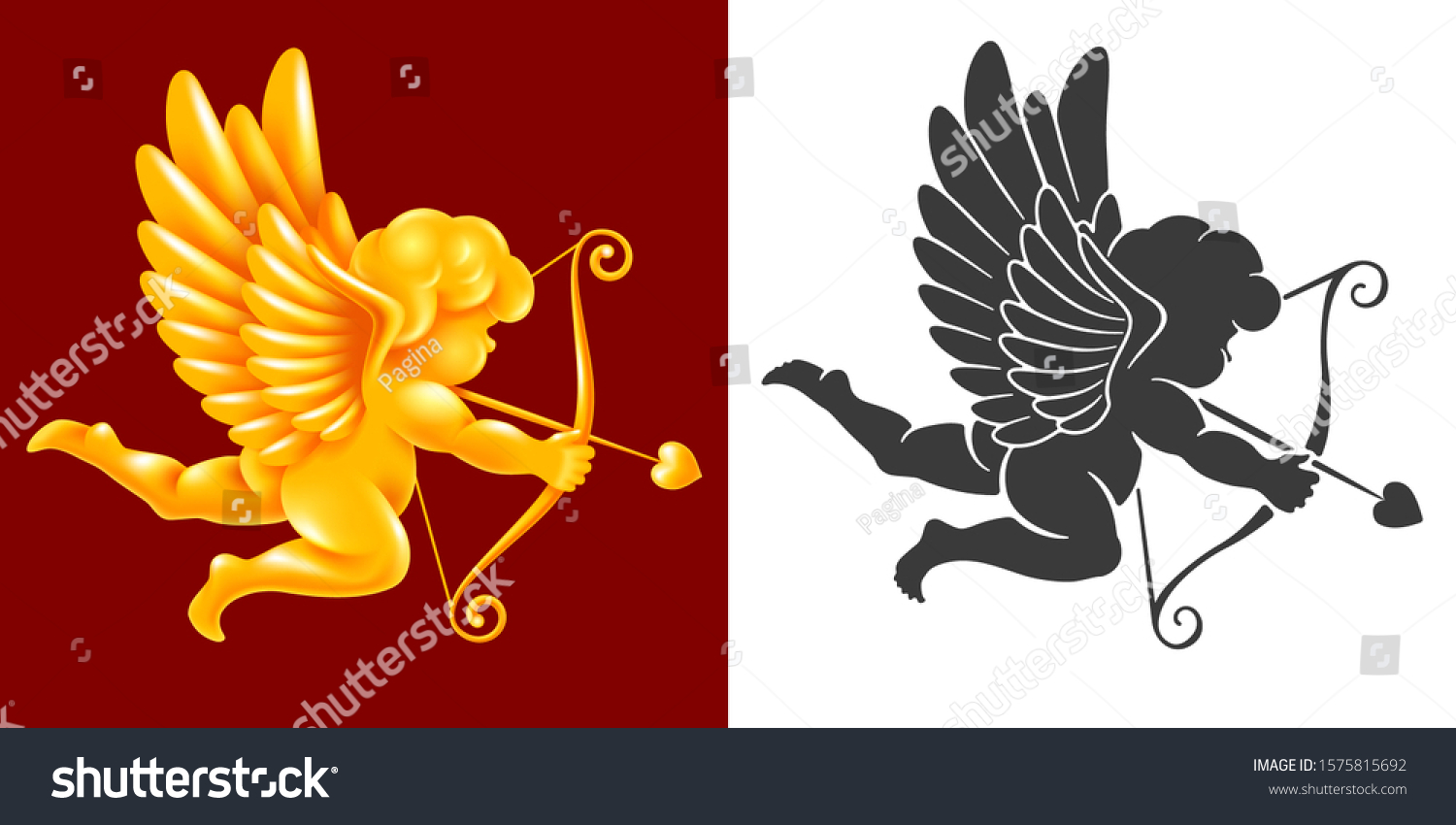 SVG of Angel or Cupid cherub, god of love, with a wings, bow and arrow. Monochrome black silhouette and volumetric golden figure in the set. Amur aiming in hearts of lovers. Vector illustration. svg