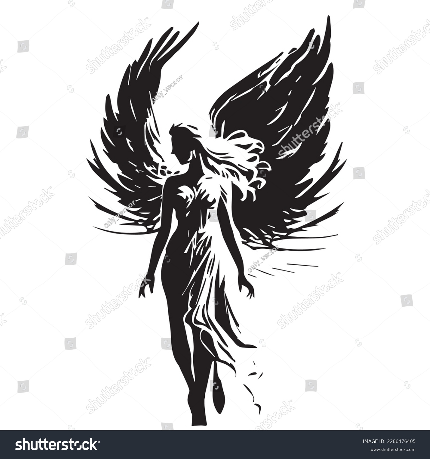 SVG of Angel woman. Vector illustration of female beauty angel. Silhouette svg, only black and white. svg