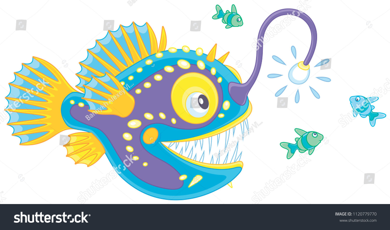 recommend clip art: Anglerfish hunting deep in a sea on small fishes, vector illustration in a cartoon style