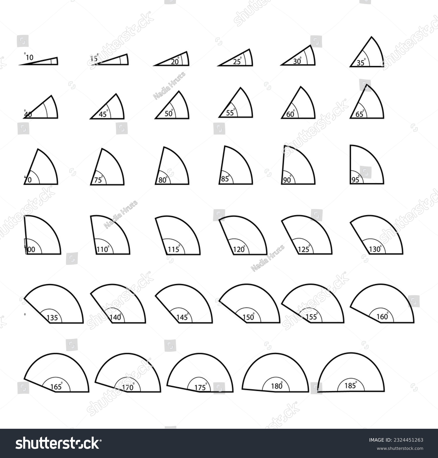SVG of Angles set with different degrees. 10,15,20,25, 30,35,40, 45,50,55, 60,65,70, 75,80,85, 90,95,100, 110,115, 120,125,130,135,140,145, 150,155,160,165,170,175,180,185degree. Geometric and mathematical  svg