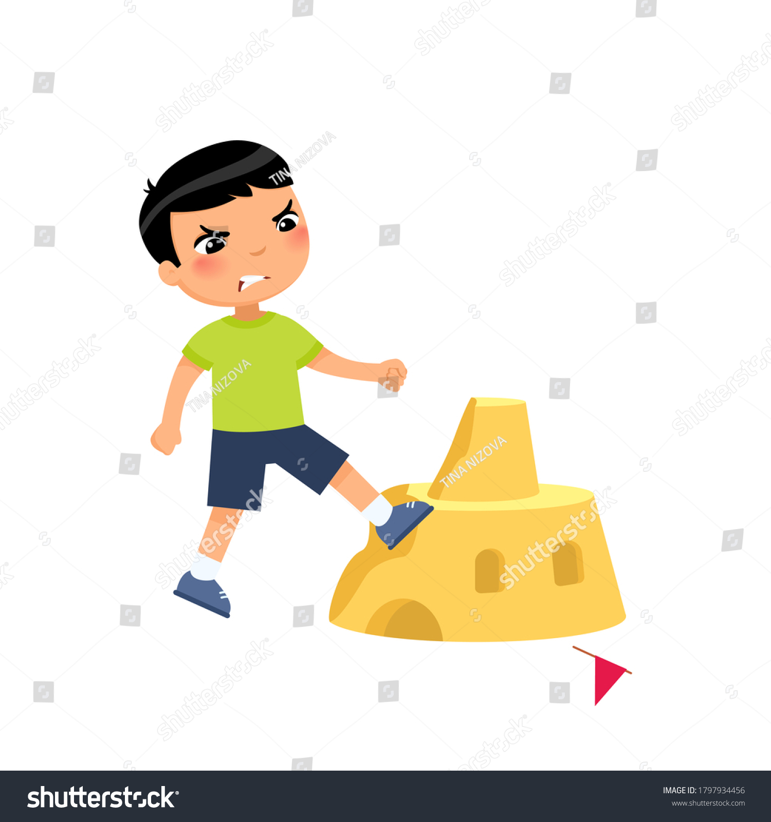 SVG of Angry asian boy destroying sandcastle flat vector illustration. Little kid breaking beach fortress cartoon character. Cruel child ruining sand tower isolated on white background. Violence concept svg