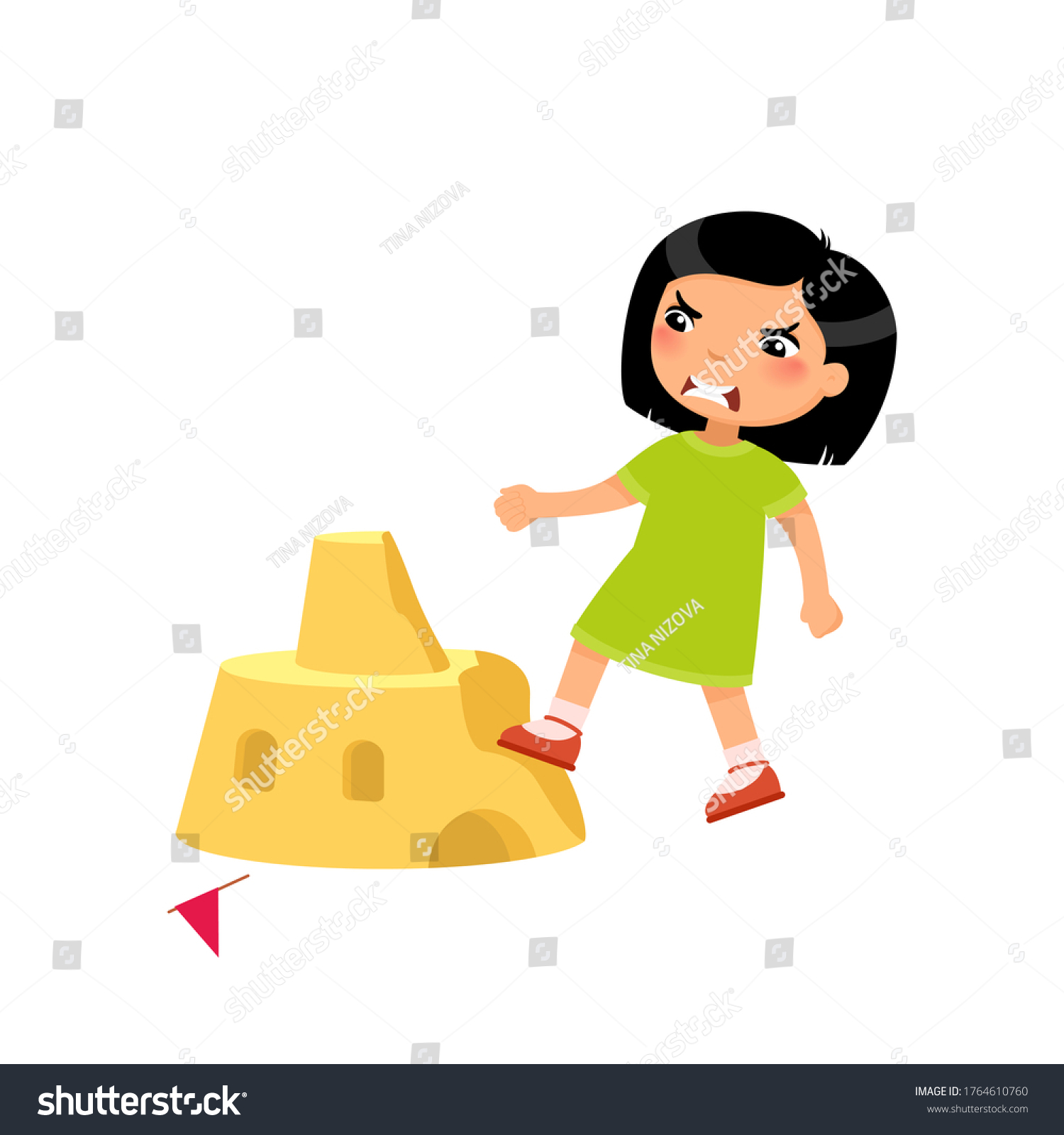 SVG of Angry asian girl destroying sandcastle flat vector illustration. Little kid breaking beach fortress cartoon character. Cruel child ruining sand tower isolated on white background. Violence concept
 svg
