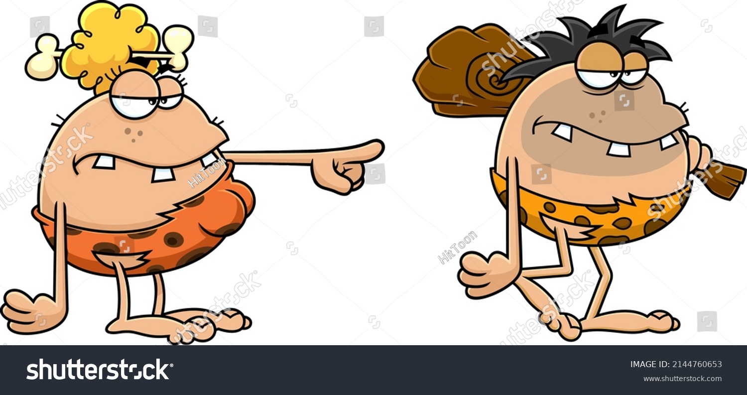 Stock Vector Angry Cavewoman Chases Caveman Cartoon Characters Vector Hand Drawn Illustration Isolated On White 2144760653 