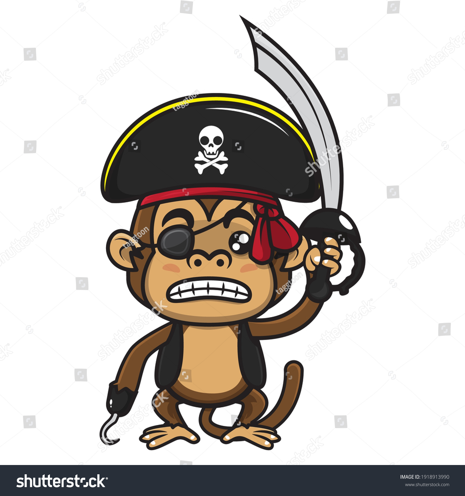 SVG of Angry little Pirates Captain Monkey wearing a pirates cap, pirates blindfold, and hook, carrying a cutlass get ready to attack opponent ship, best for mascot of Pirates themes for children svg