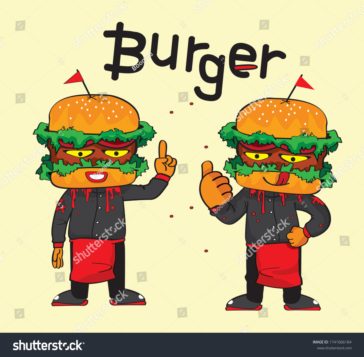 スマイルの顔のベクター画像を持つ怒りの怪獣漫画のハンバーガー のベクター画像素材 ロイヤリティフリー