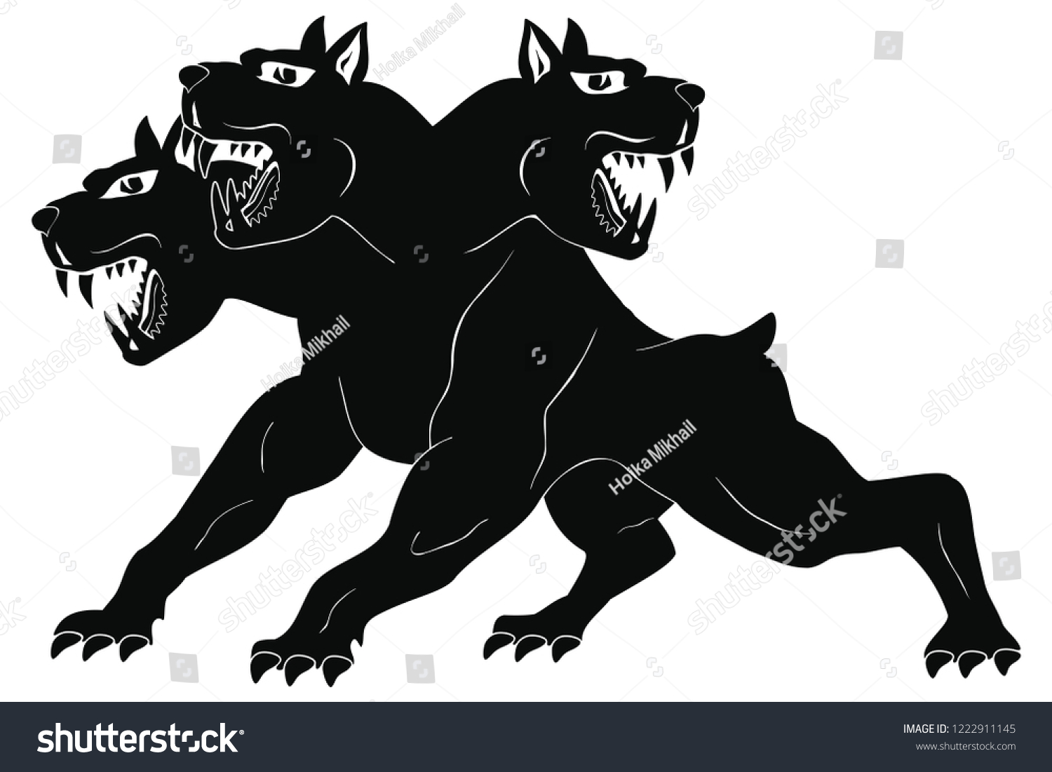 SVG of Angry three-headed dog Cerberus in attack pose. Isolated black figure on white background. svg