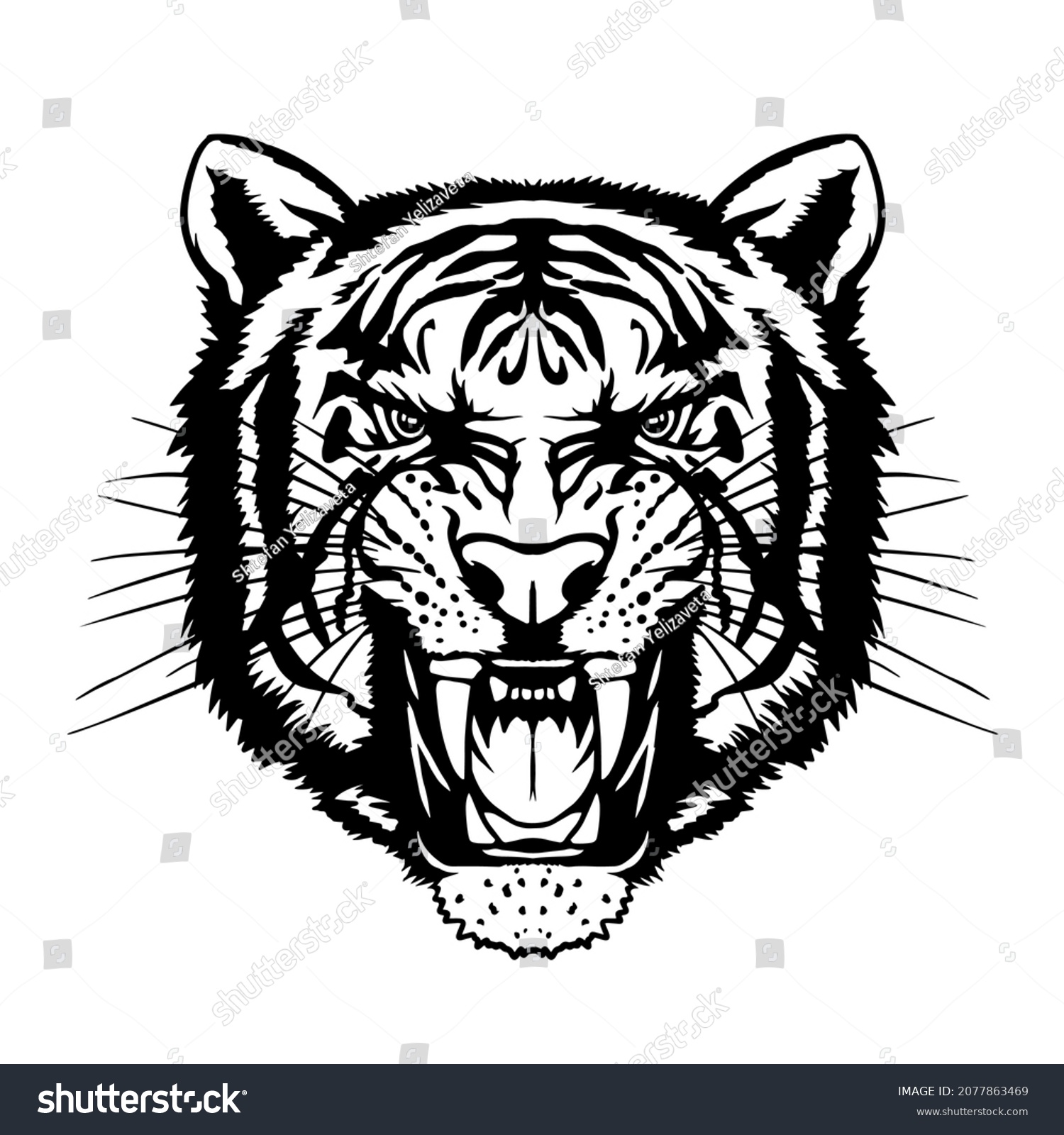 SVG of Angry tiger svg cut file. Black and white tiger head vector. Angry tiger head sport mascot logo on a white background. Vector illustration. T-shirt design. Vinyl decal for plotter svg