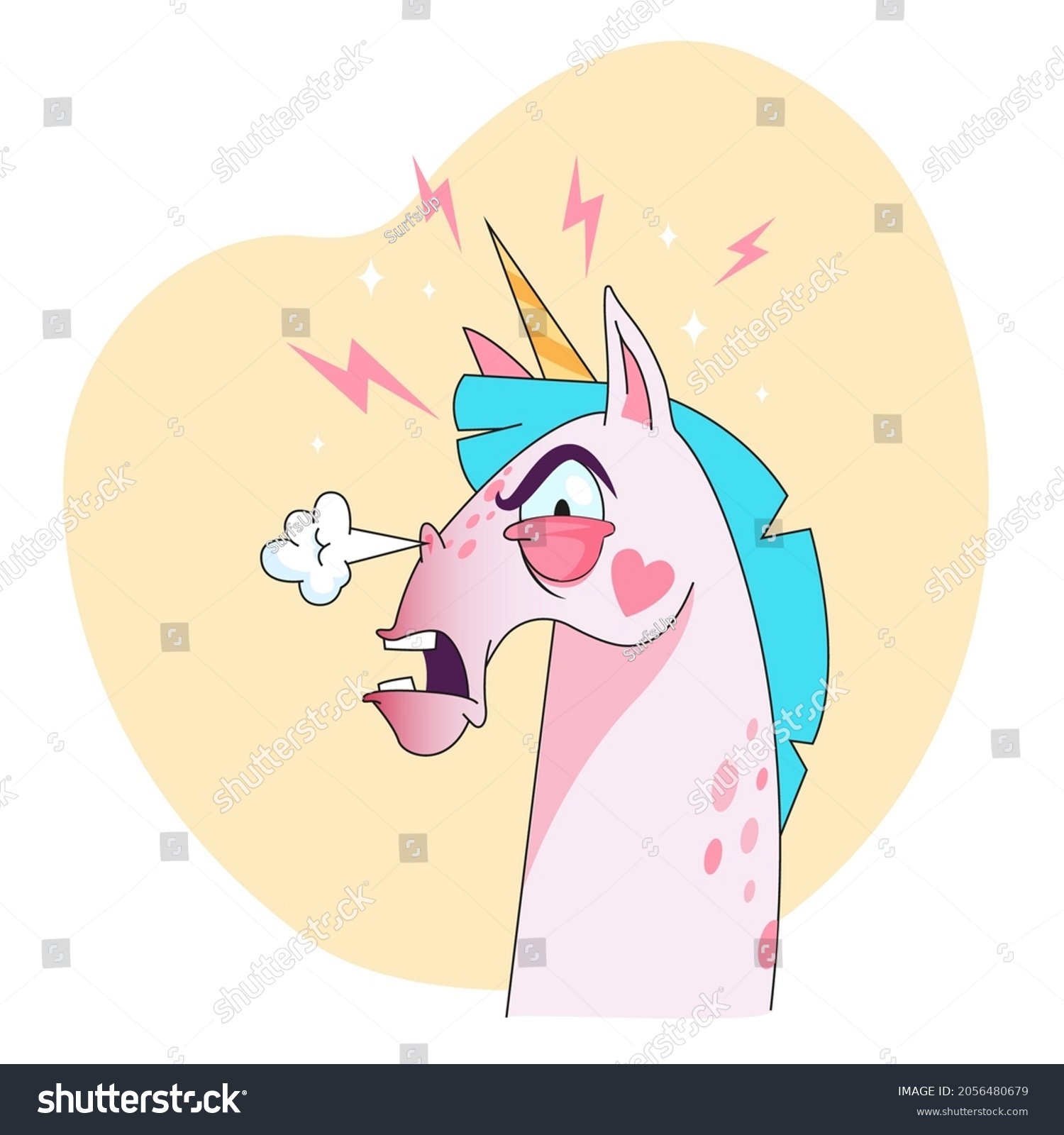 SVG of Angry unicorn cartoon character sticker. Funny emoticon of fairy horse with steam from nose in profile flat vector illustration isolated on white background. Fairytale, fantasy, anger concept svg