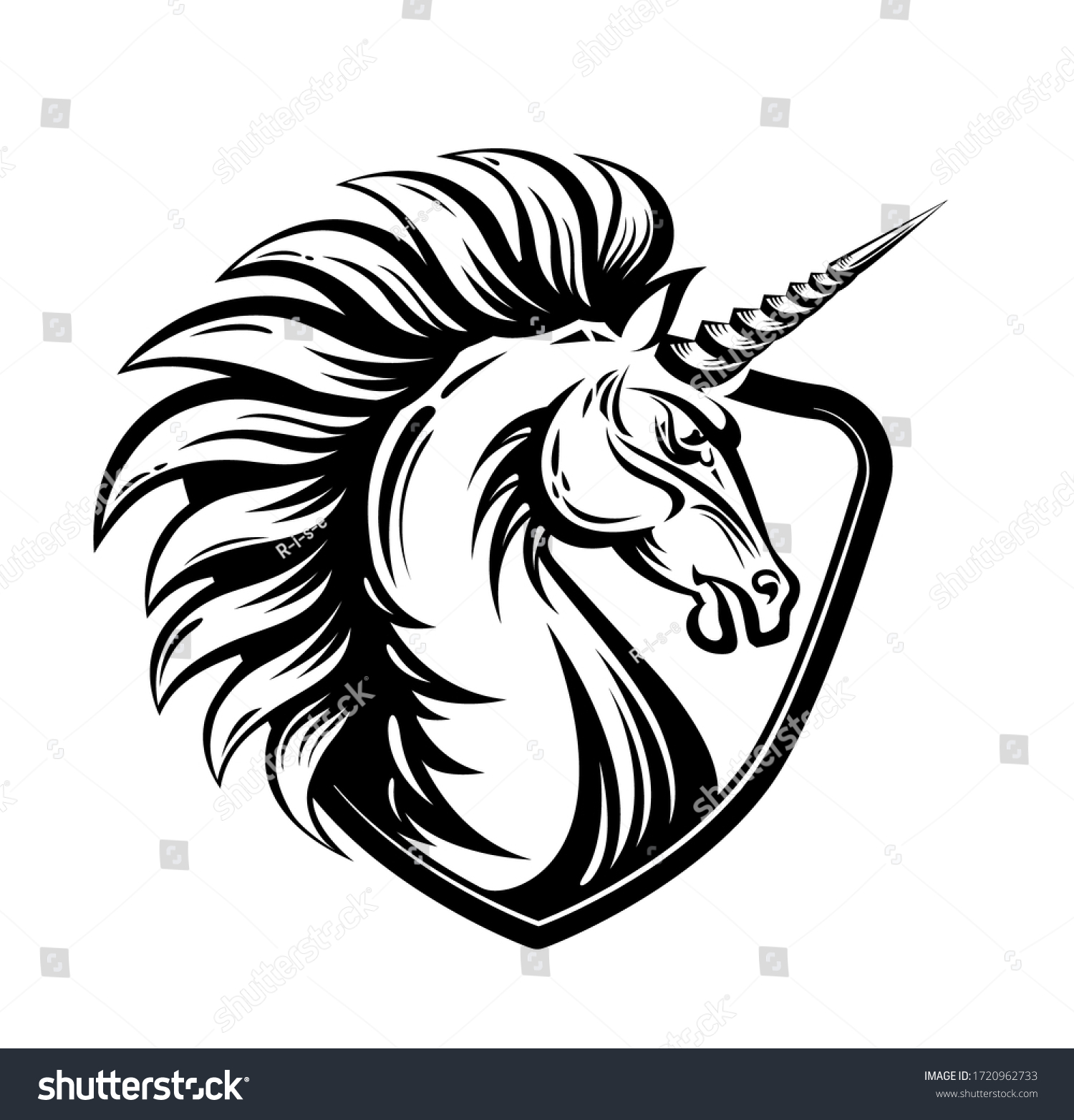 SVG of Angry Unicorn head emblem with shield. Fury Magic animal illustration in black and white. Vector art for icon, apparel print, insignia, mascot, sport or game team emblem, fairy tale book. svg