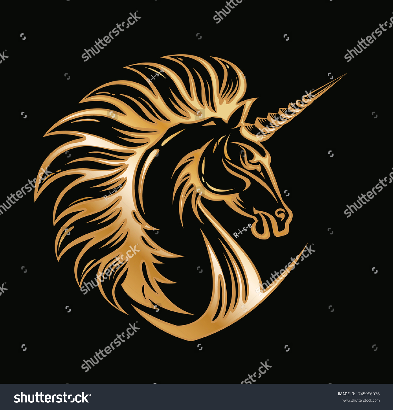 SVG of Angry Unicorn head. Golden emblem. Fury Magic animal glitter illustration. Vector art for icon, apparel print, insignia, mascot, sport or game team emblem, fairy tale book svg