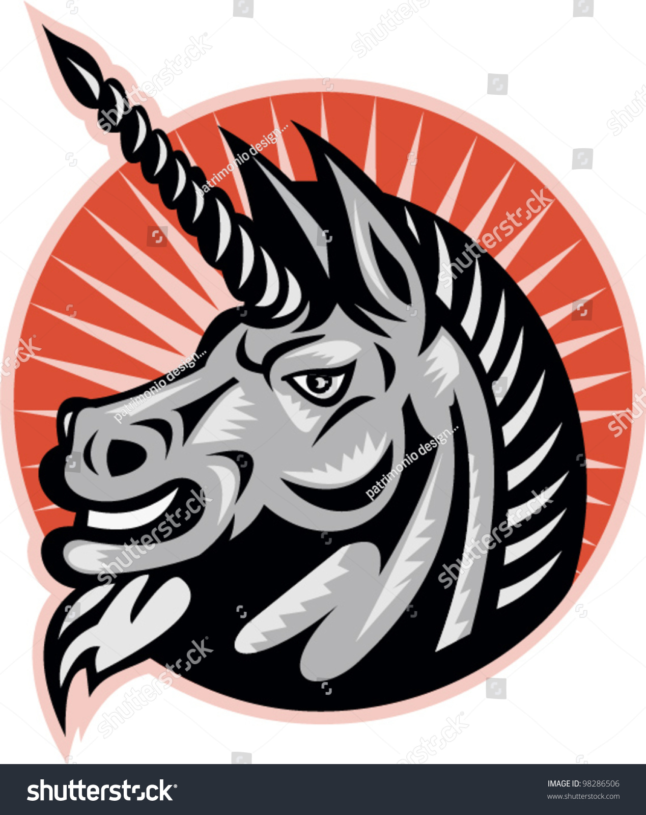 SVG of Angry Unicorn Head Retro Woodcut svg