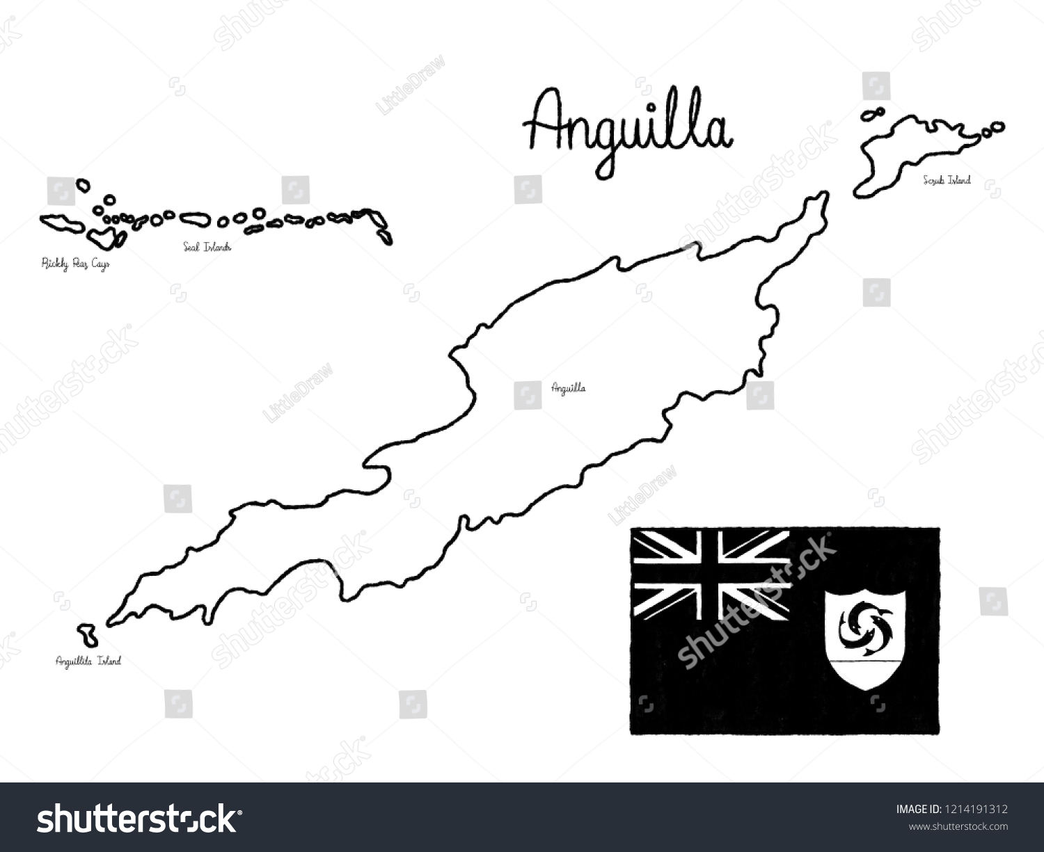 Anguilla Country Map Flag Vector Illustration Hand Drawn Cartoon Art