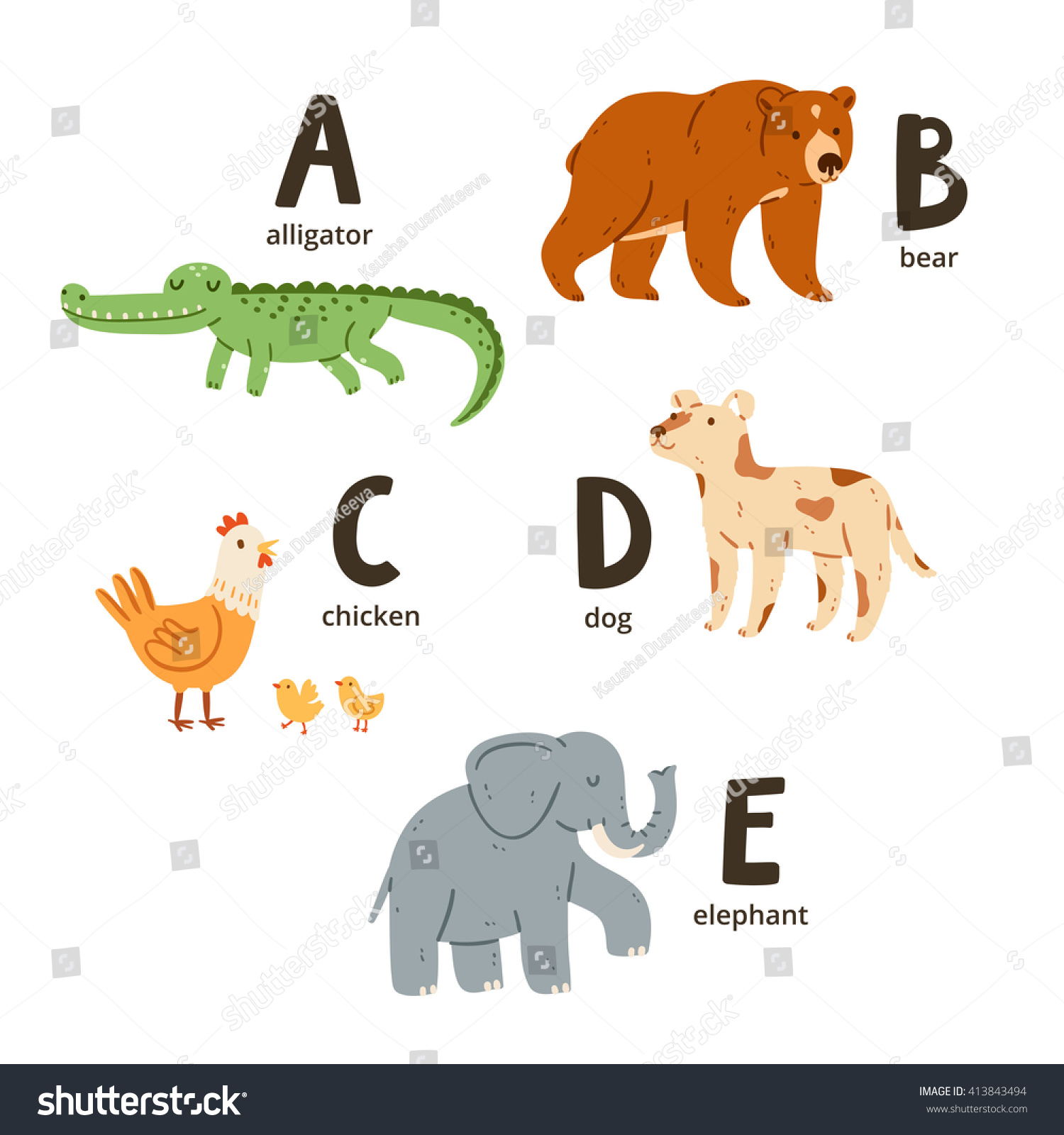 Animal Alphabet Letters A To E, Vector Illustrations Set - 413843494 ...