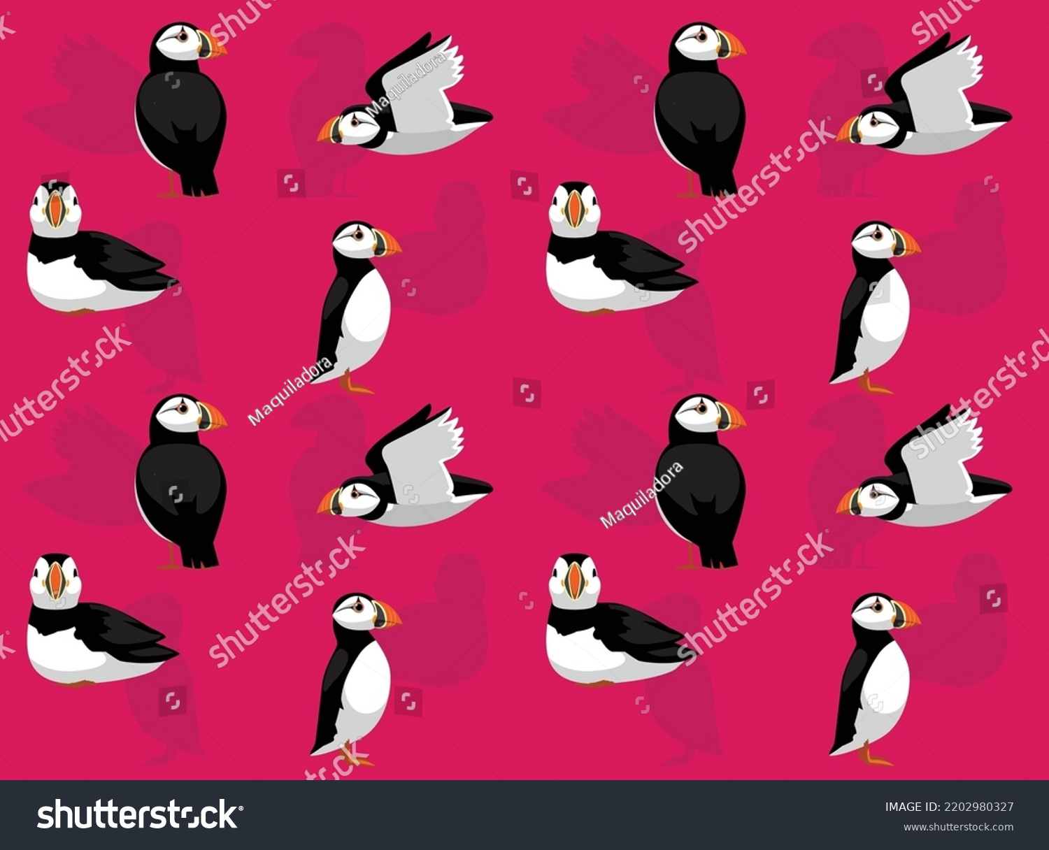 SVG of Animal Bird Atlantic Puffin Poses Cute Cartoon Character Seamless Wallpaper Background svg