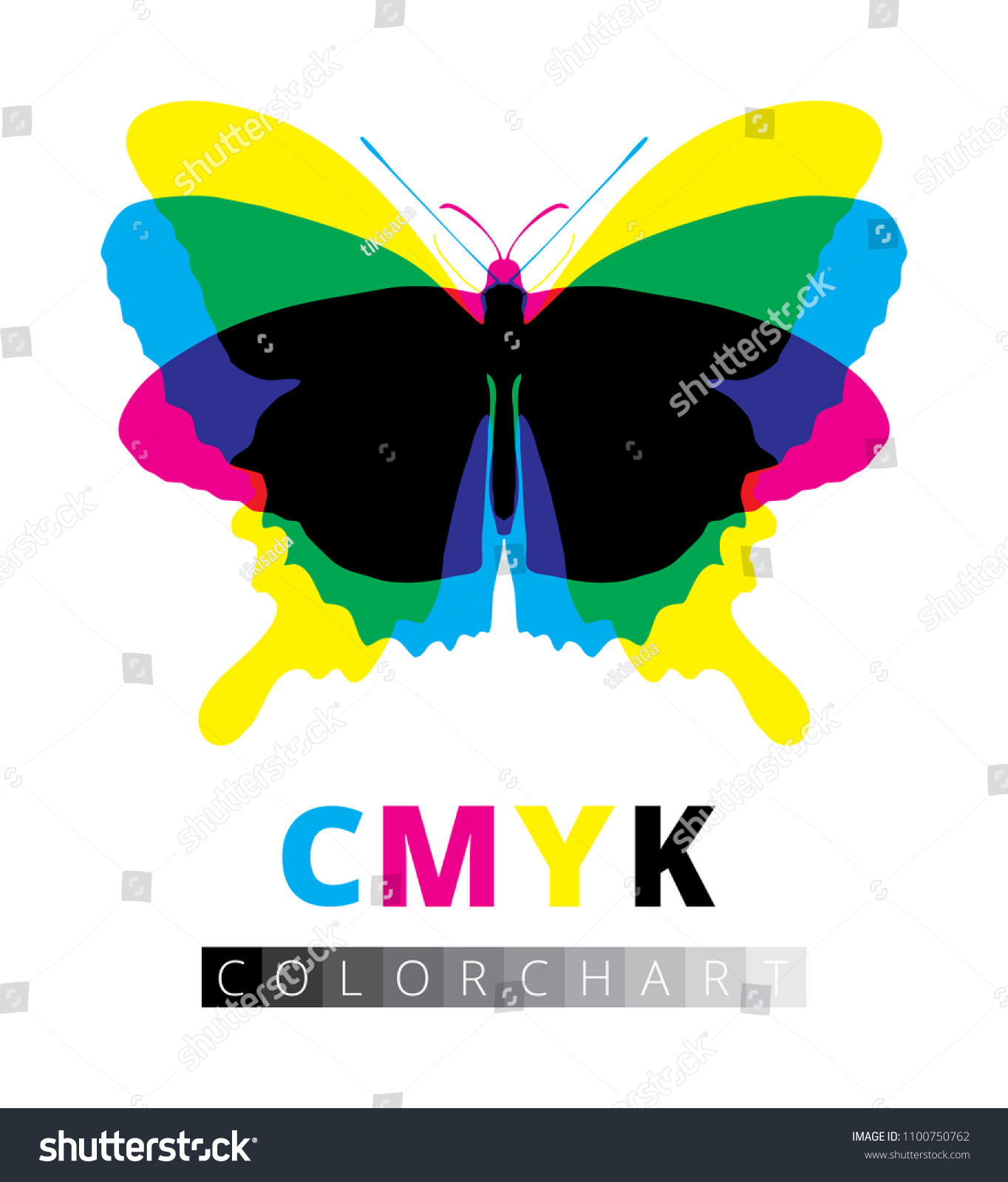 SVG of Animal icon silhouette vector, butterfly cartoon shadow symbol, CMYK color chart test print, black bugs figure isolated on white background. Cyan magenta yellow image and gray scale offset template. svg
