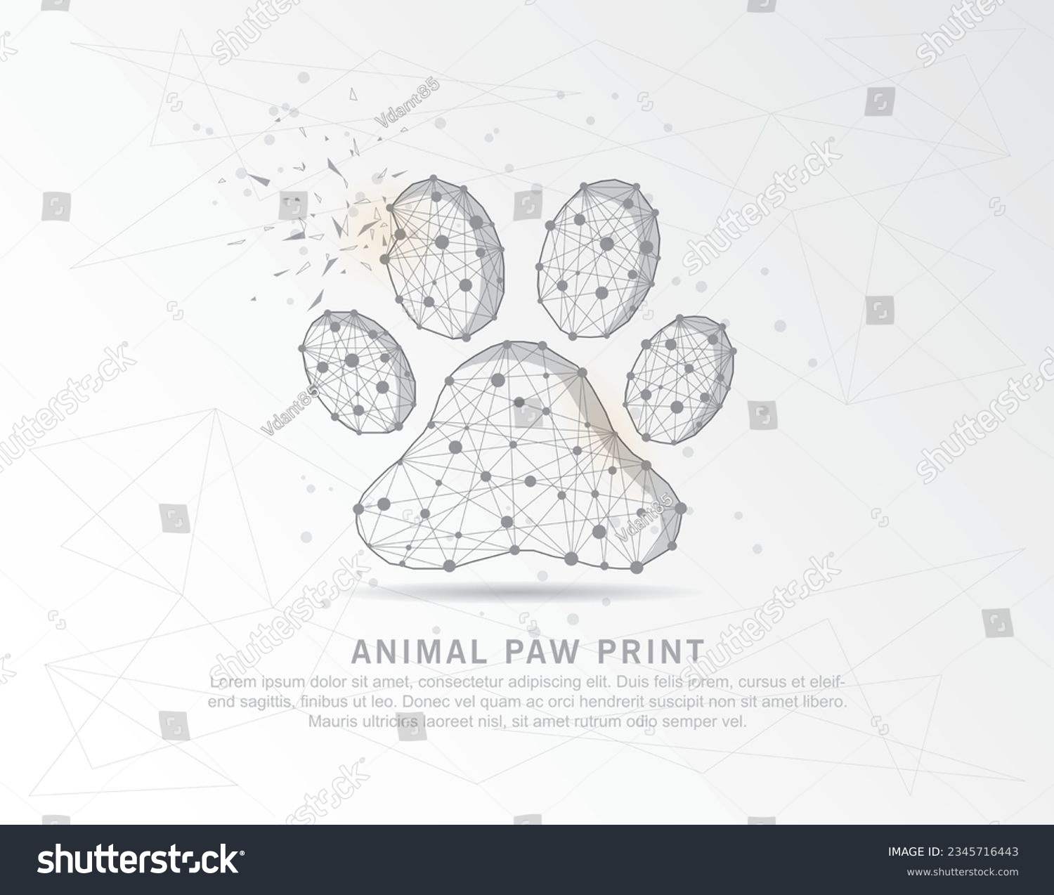 SVG of Animal paw print, abstract mash line and composition digitally drawn in the form of broken a part triangle shape and scattered dots low poly wire frame. svg