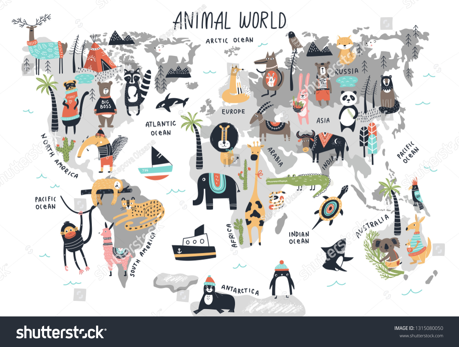 動物の世界地図 北欧風のかわいい手描きのコドモ部品 ベクターイラスト のベクター画像素材 ロイヤリティフリー