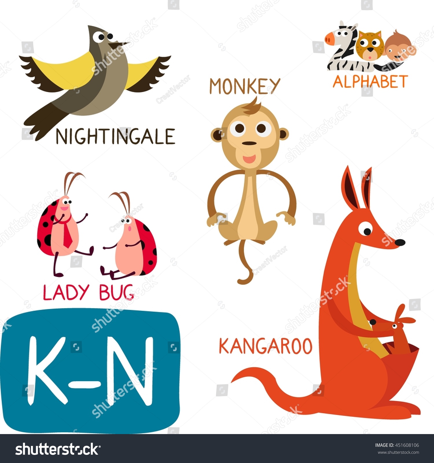 Animal Zoo Alphabet. Letter K-N. Kangaroo, Lady Bug, Monkey And ...