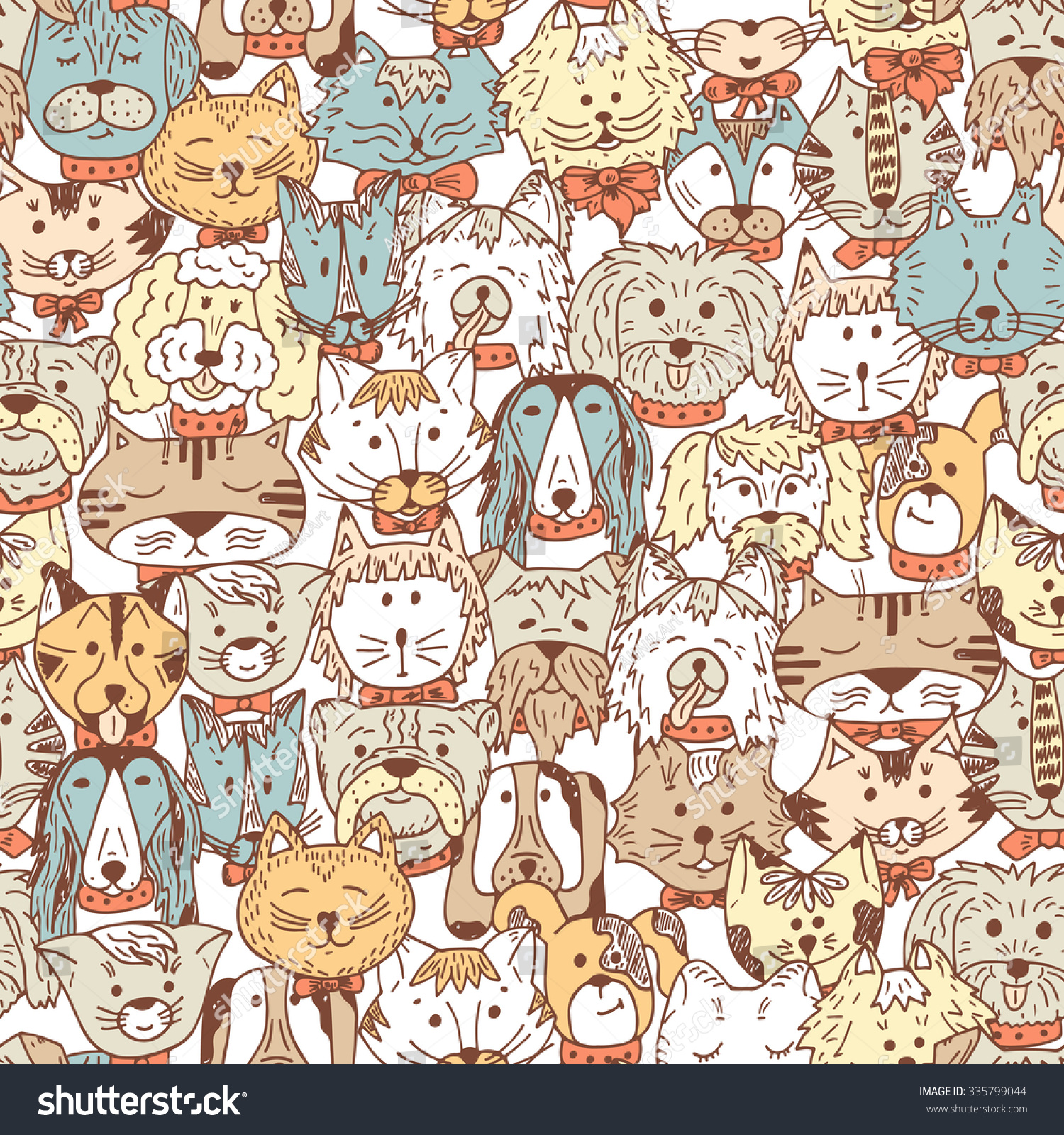 Animals. Cats And Dogs Vector Seamless Pattern. Hand Drawn Doodles Pets ...