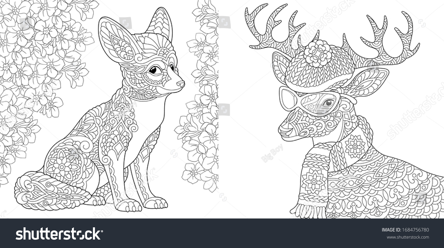 Animals Coloring Pages Fox Reindeer Showing Stock Vector Royalty ...