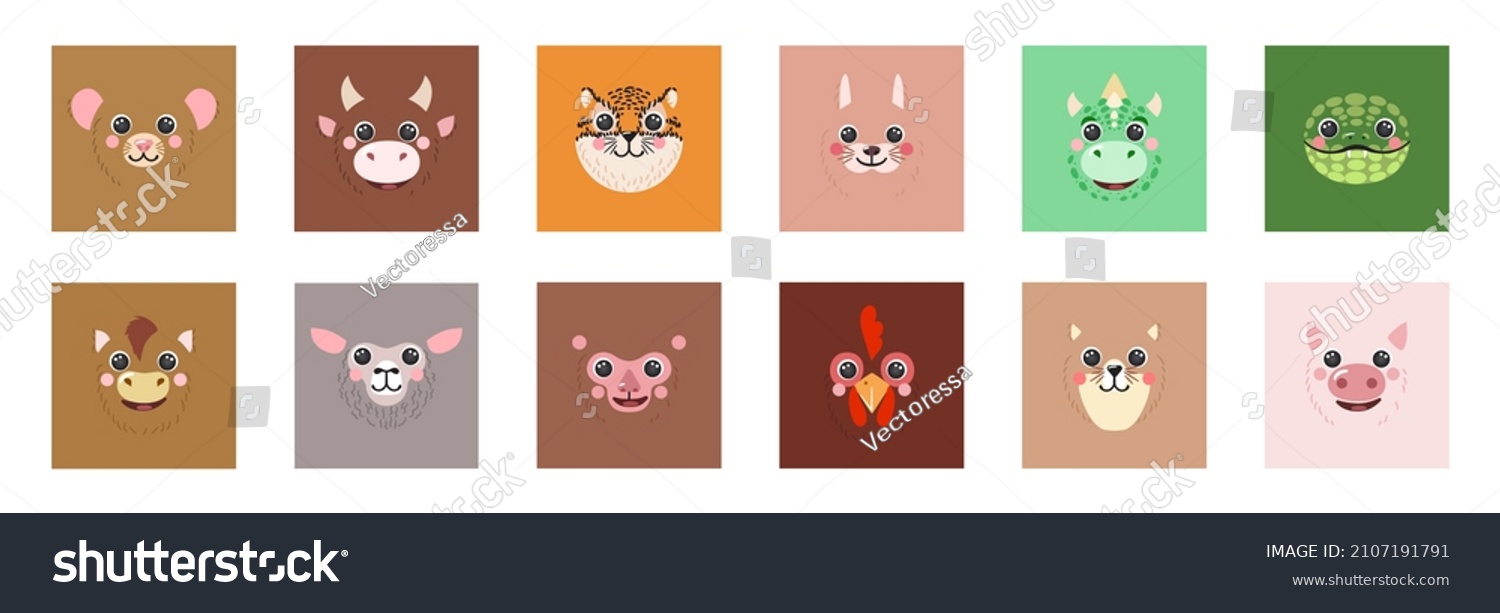 SVG of Animals Square faces Set Chinese Zodiac Twelve Signs portraits Icons Cute cartoon illustration flat vector avatars rat, ox, tiger, rabbit, dragon, snake, horse, goat isolated for UI, app, kids poster svg