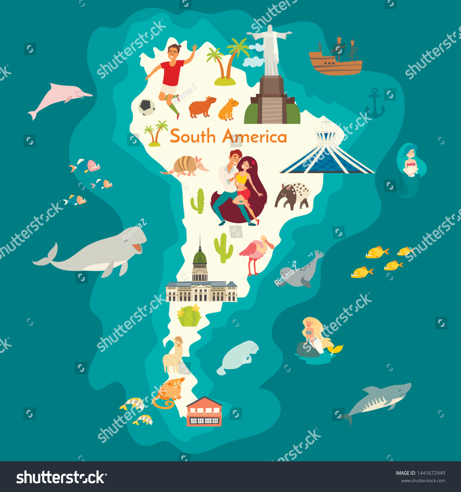 Animals World Map South America Landmarks Stock Vector Royalty