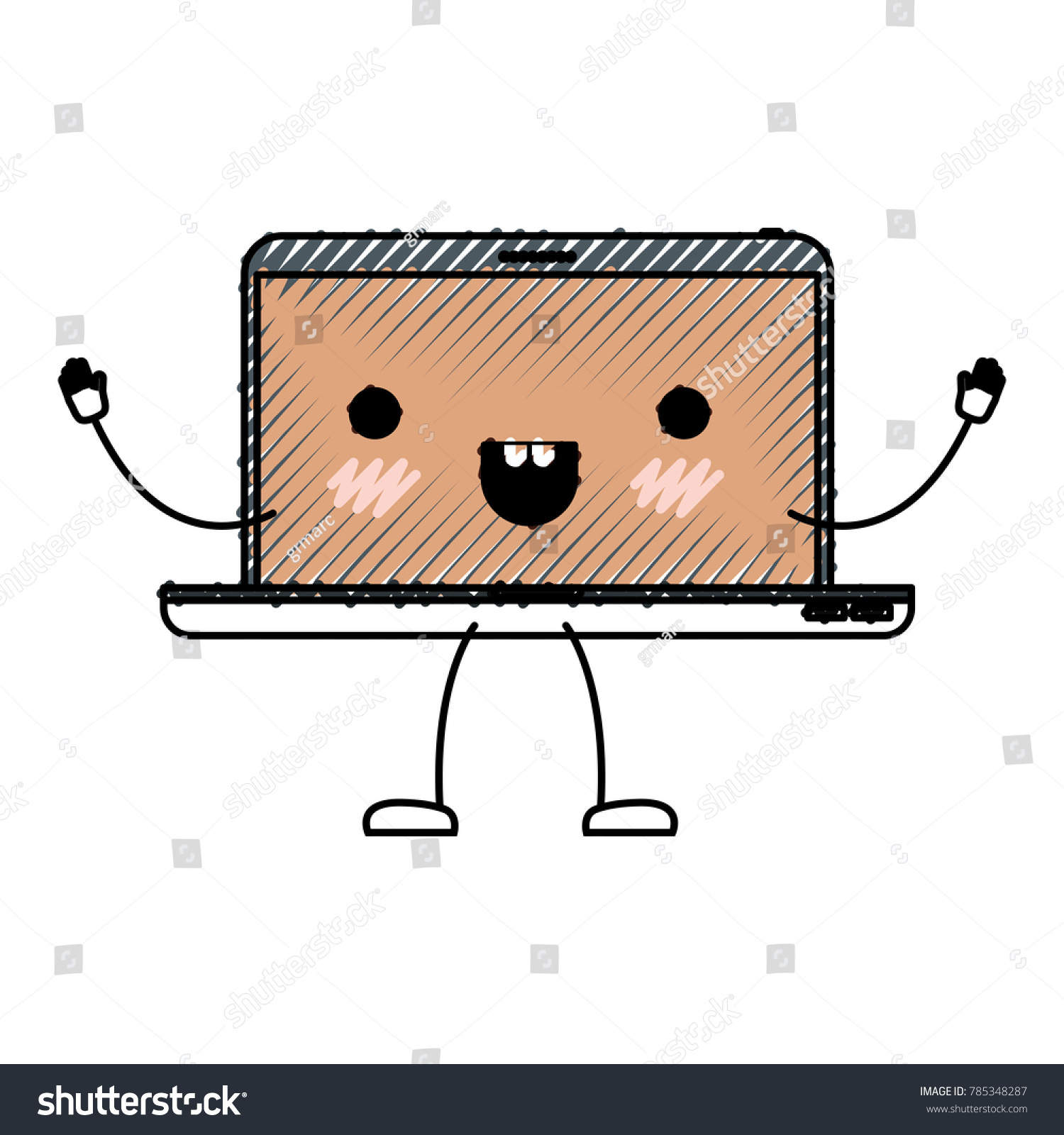 Animated Kawaii Laptop Computer Colored Crayon Stock Vector (Royalty ...