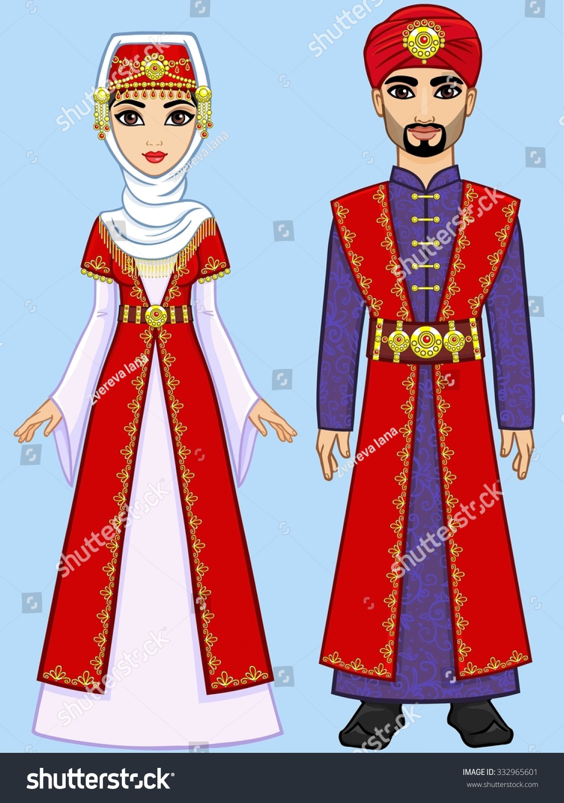 Animation Arab Family Ancient Clothes Isolated Stock 