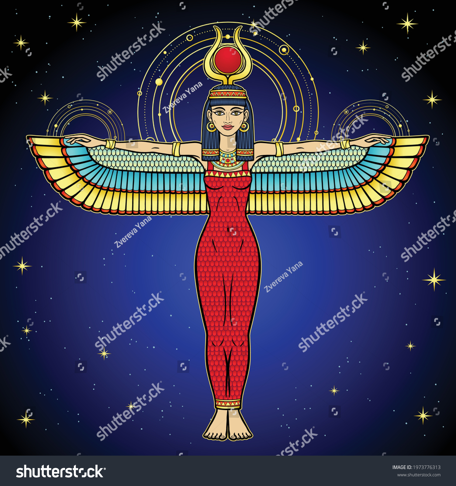 Animation Color Portrait Egyptian Winged Goddess Stock Vector (Royalty ...