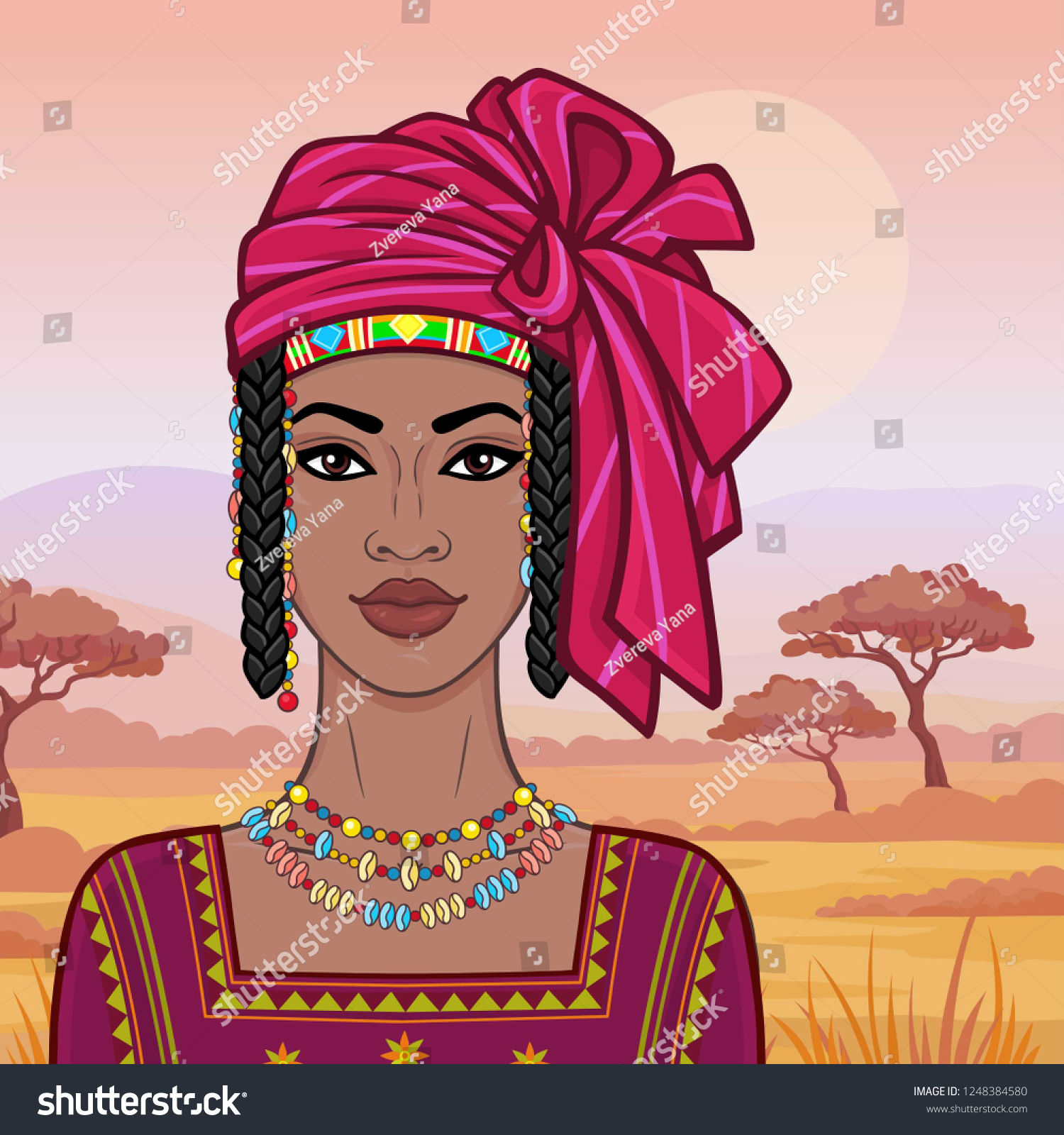 Animation Portrait Beautiful African Woman Turban Stock Vector Royalty Free 1248384580 