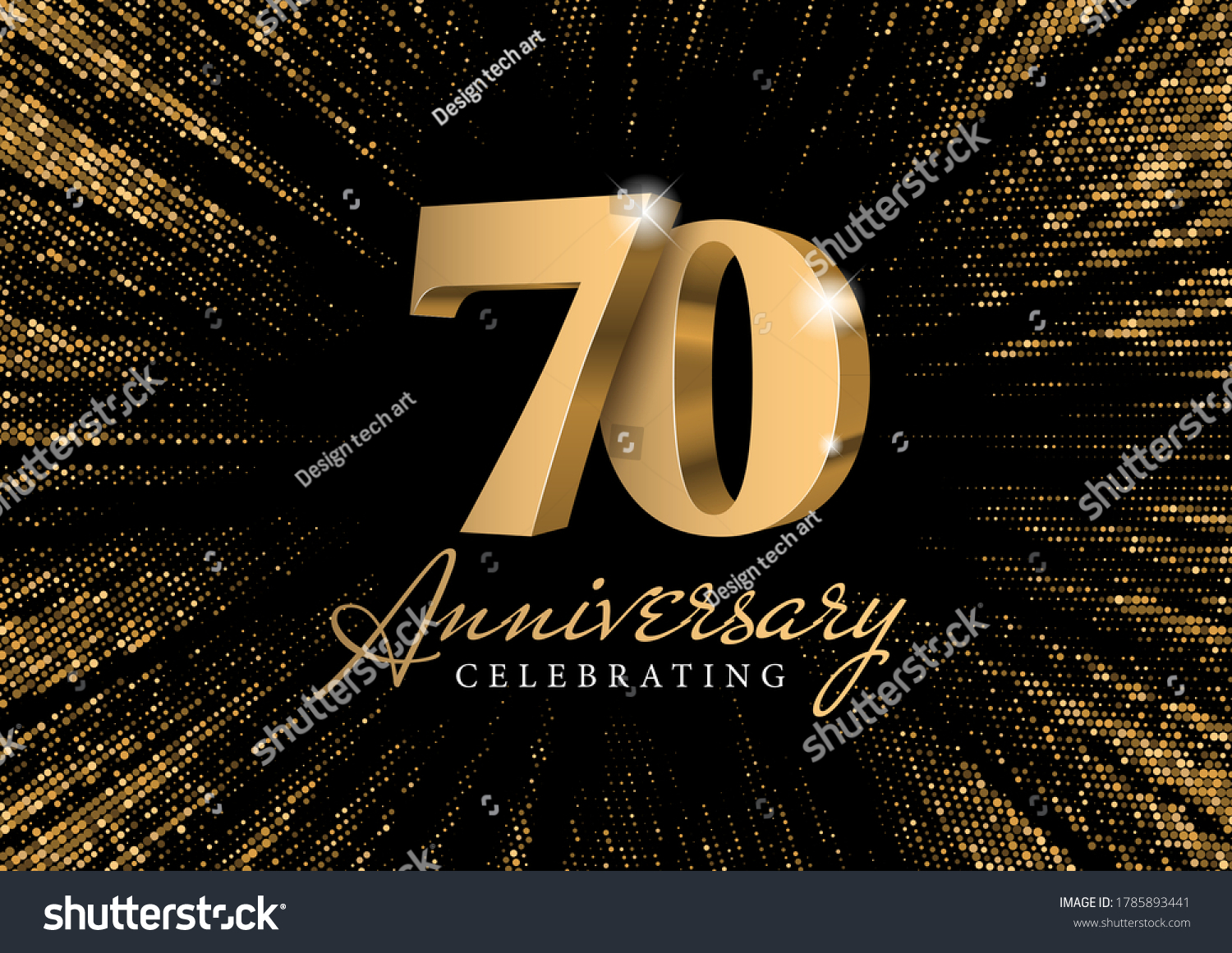 SVG of Anniversary 70. gold 3d numbers. Against the backdrop of a stylish flash of gold sparkling from the center on a black background. Poster template for Celebrating 70th anniversary event party. Vector svg