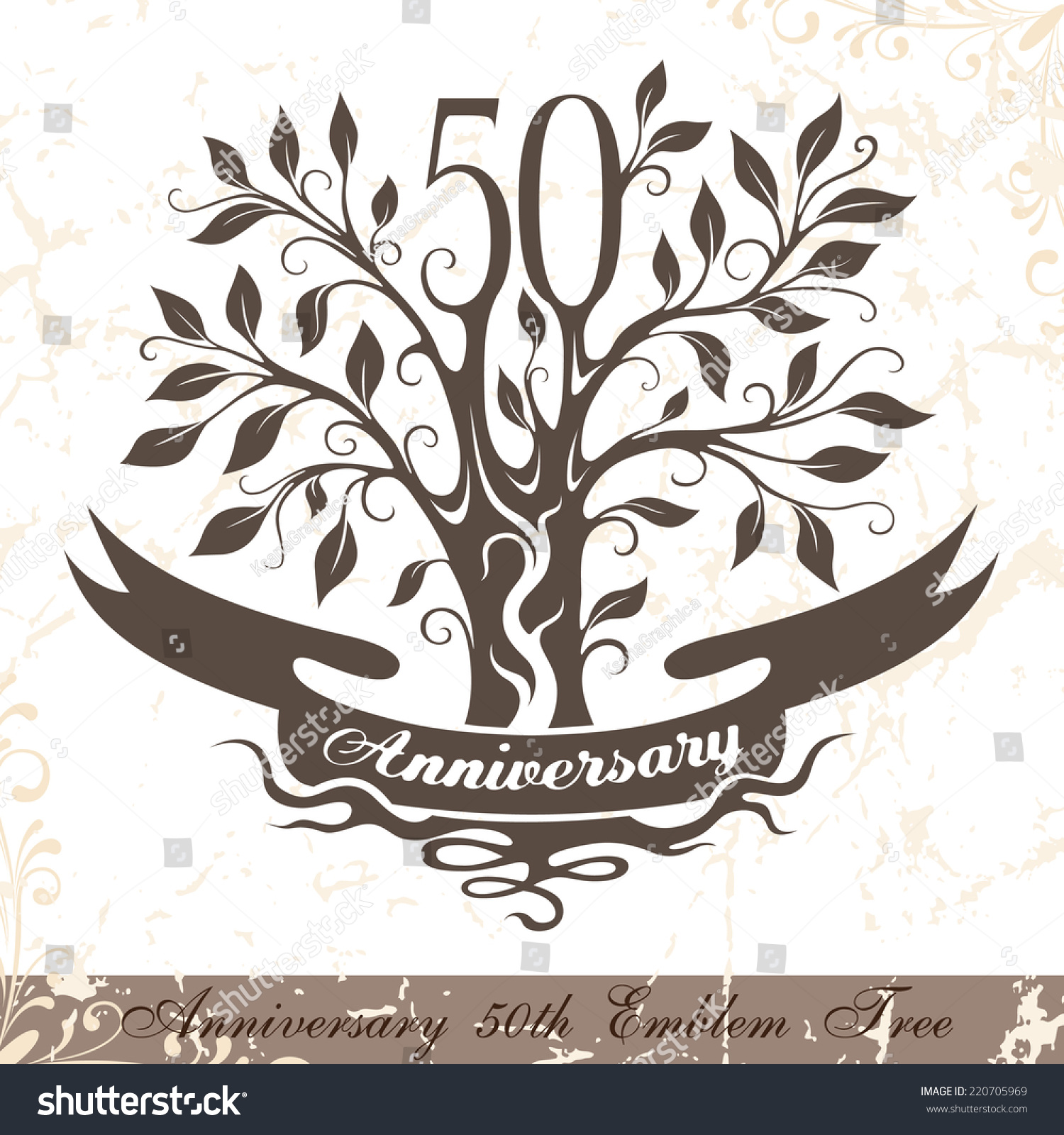 SVG of Anniversary 50th emblem tree in classic style. Ornamental decoration with copy space on the ribbon. Vector template for wedding, birthday and jubilee celebration  svg