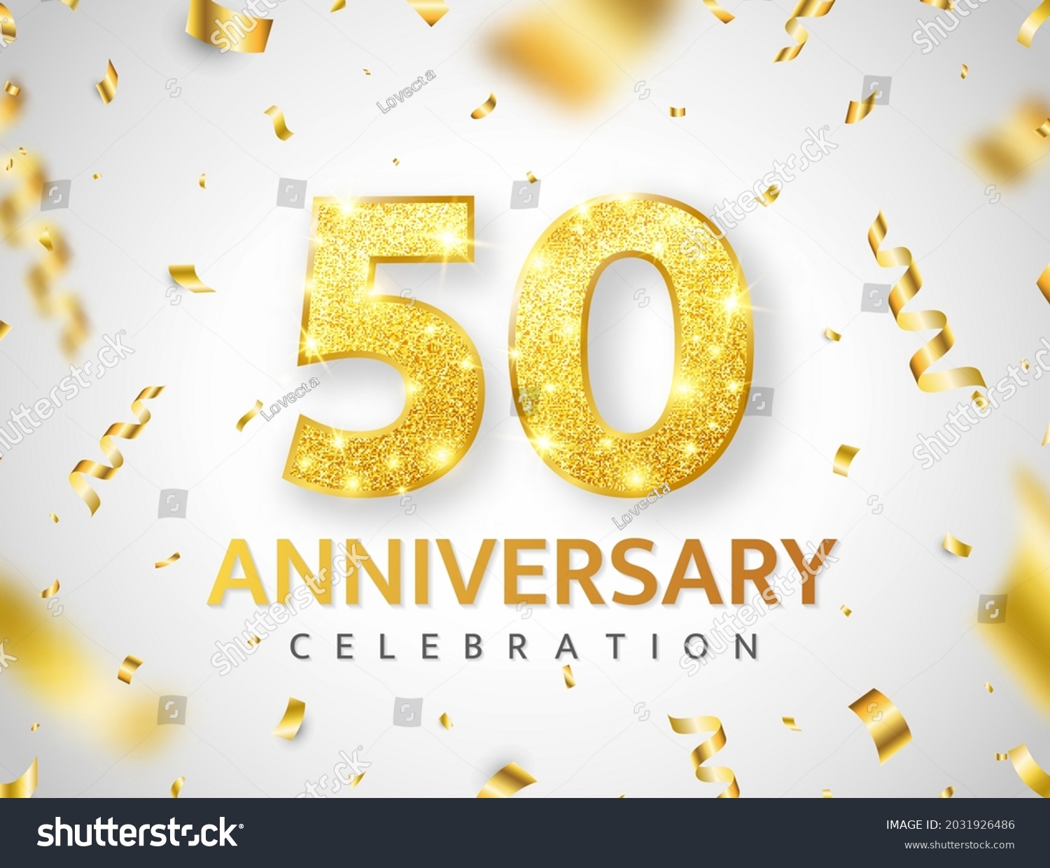SVG of Anniversary 50 year card. Birthday glitter number decor. Golden confetti ribbon banner. Luxury gold background. Celebration poster. Invitation booklet. Premium design element. Vector illustration. svg