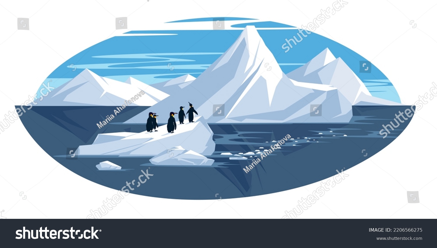 SVG of Antarctic landscape. Icebergs from the cold sea. Penguins on the glacier. Flat vector illustration svg