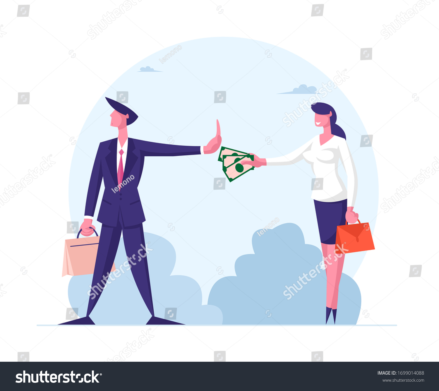 SVG of Anti Corruption Concept. Woman Give Envelope with Money to Businessman who refuse Taking Bribe. Cash in Hand of Businesswoman during Corruption Deal. Cartoon People Characters Vector Illustration svg