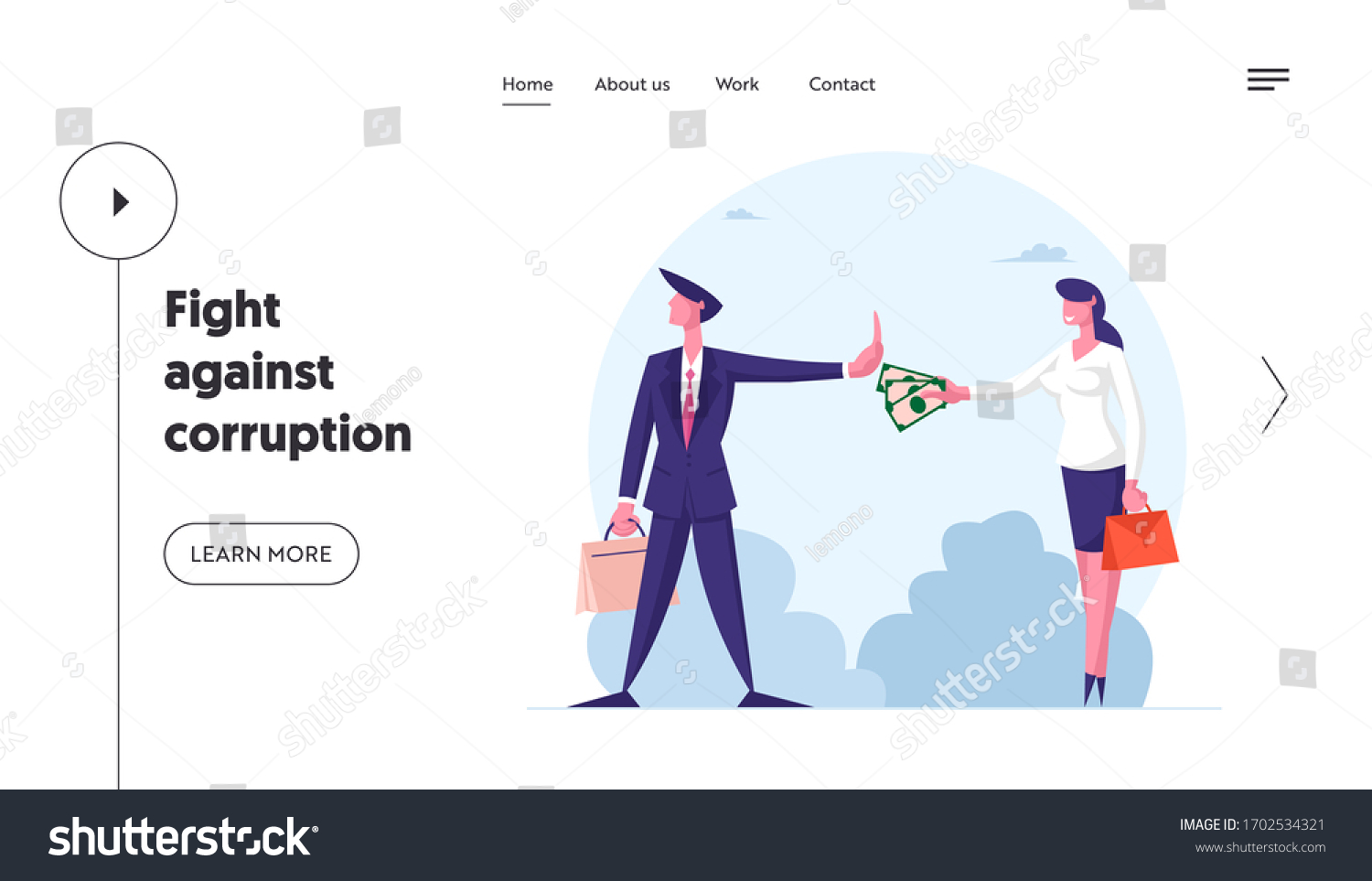 SVG of Anti Corruption Landing Page Template. Woman Give Envelope with Money to Businessman who Refuse Taking Bribe. Businesspeople during Corruption Deal. Cartoon People Characters Vector Illustration svg