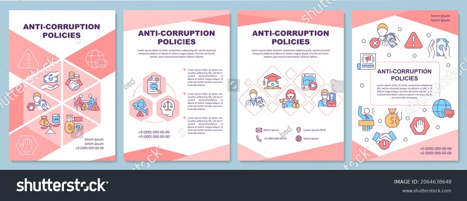 SVG of Anti corruption policies brochure template. Bribary prevention. Flyer, booklet, leaflet print, cover design with linear icons. Vector layouts for presentation, annual reports, advertisement pages svg