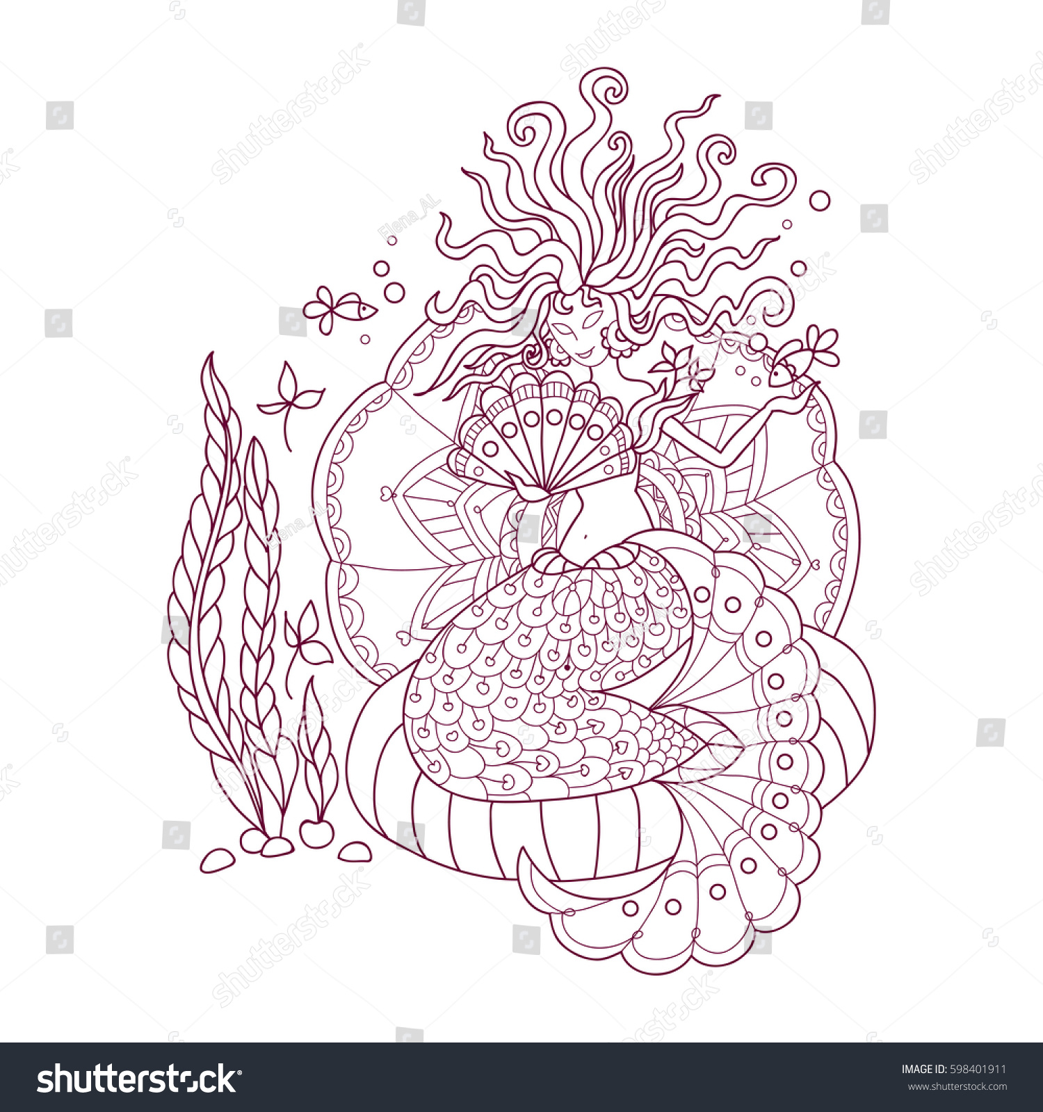 Anti stress Coloring pages for adult with doodle elements Nautical theme mermaid