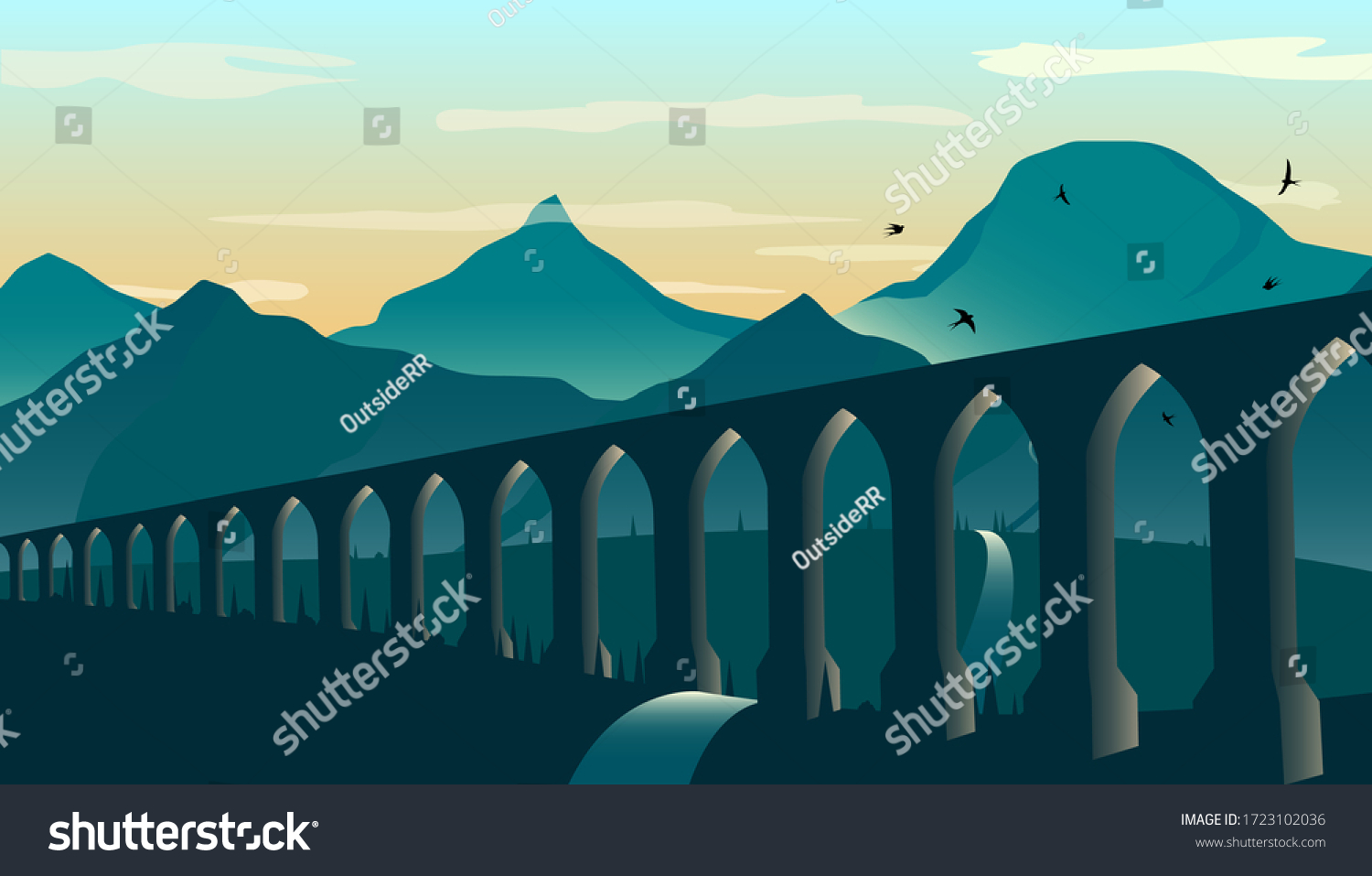 SVG of Antique aqueduct or viaduct, against the backdrop of mountains at dusk. Vector illustration. svg