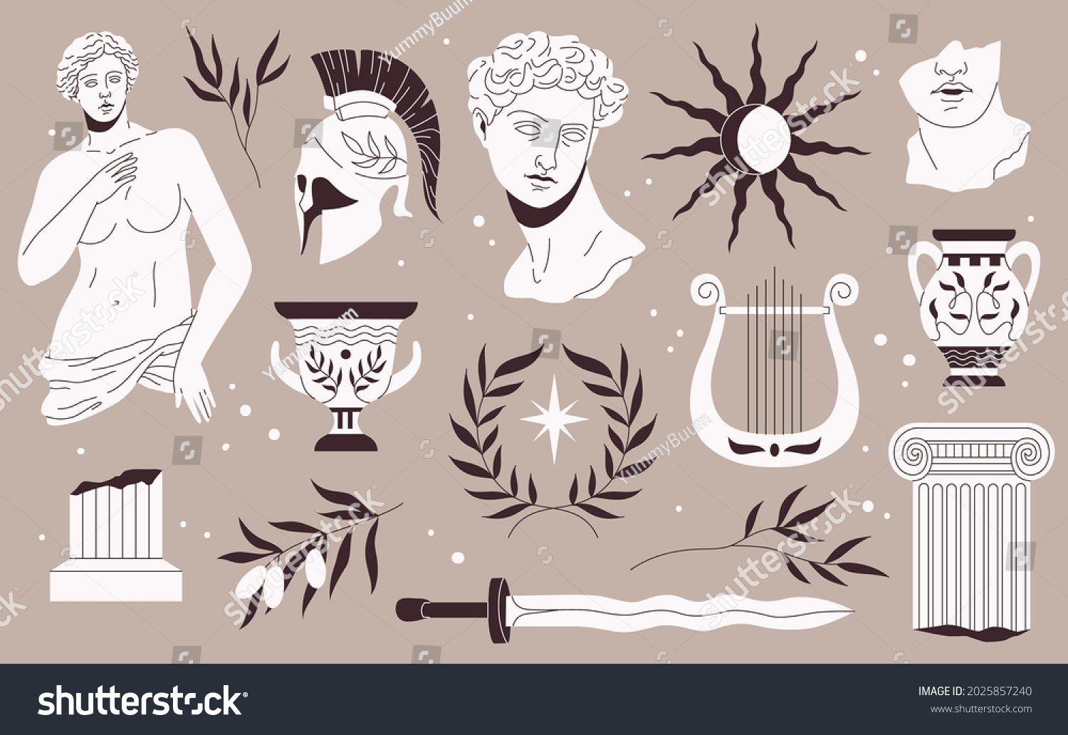 Antique Sculptures Traditional Greek Style Monuments Stock Vector ...