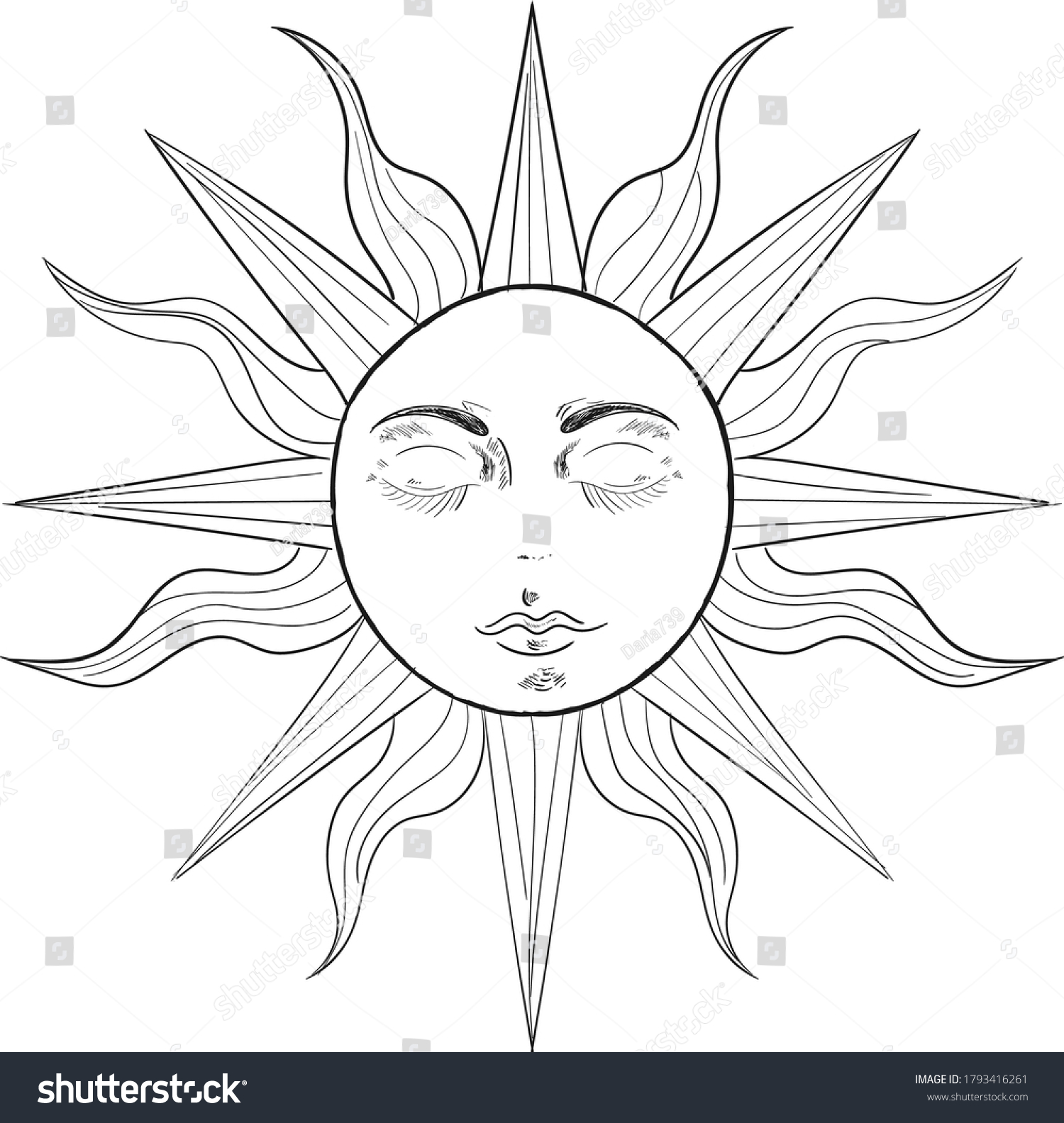 Antique Style Hand Drawn Art Sun Stock Vector (royalty Free) 1793416261