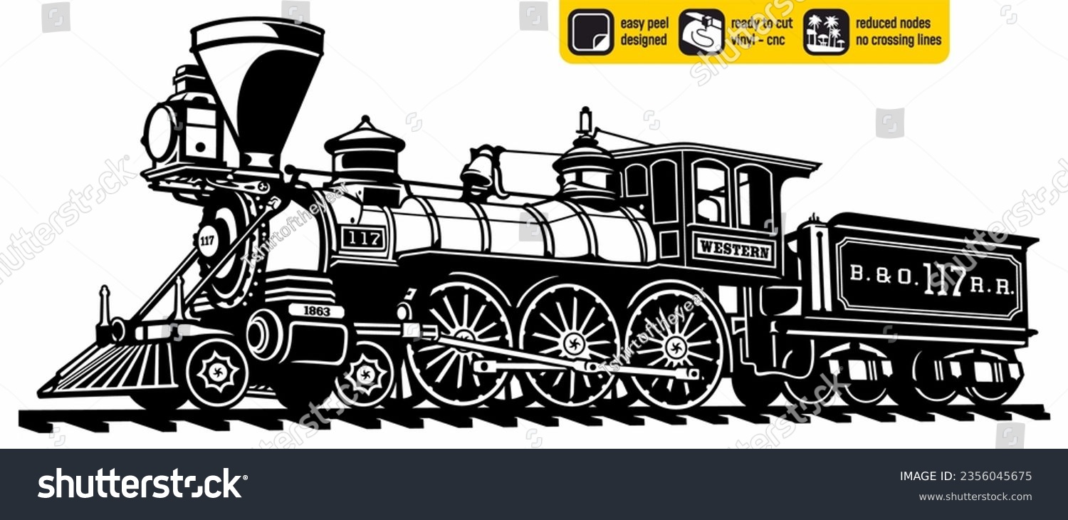 SVG of Antique train steam locomotive railway train vintage vinyl ready created for vinyl cutting or cnc plasma. Wall sticker. Black and white silhouette svg