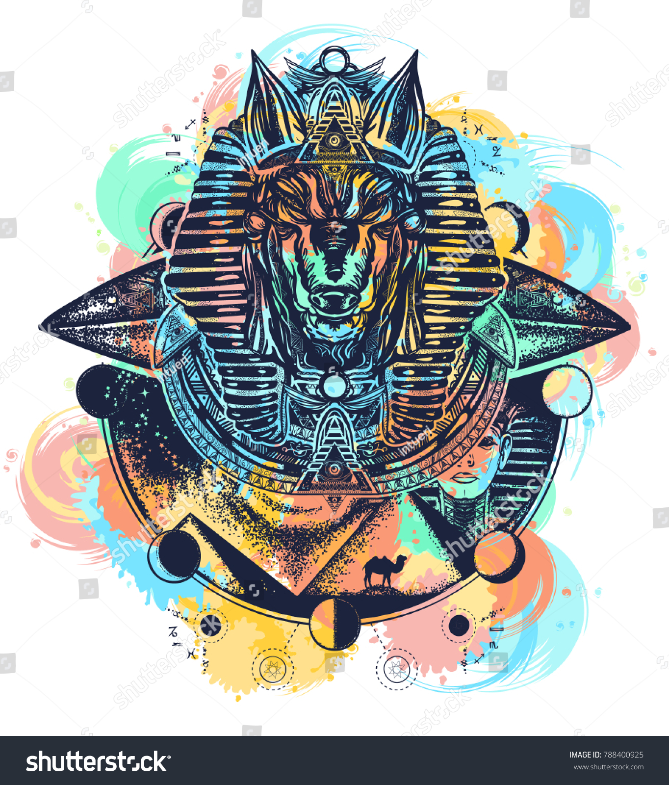 Anubis Watercolor Splashes Color Tattoo Tshirt Stock Vector 