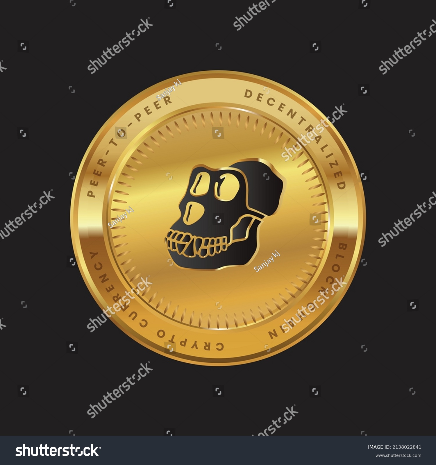 SVG of APE Cryptocurrency logo in black color concept on gold coin. Apecoin  Block chain technology symbol. Vector illustration. svg