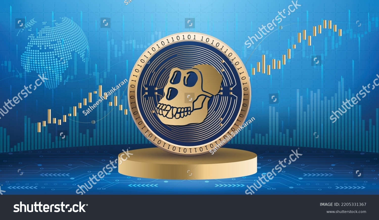 SVG of Apecoin APE crypto currency coin logo and symbol over financial infographic background. Futuristic technology vector illustration banner and wallpaper  svg