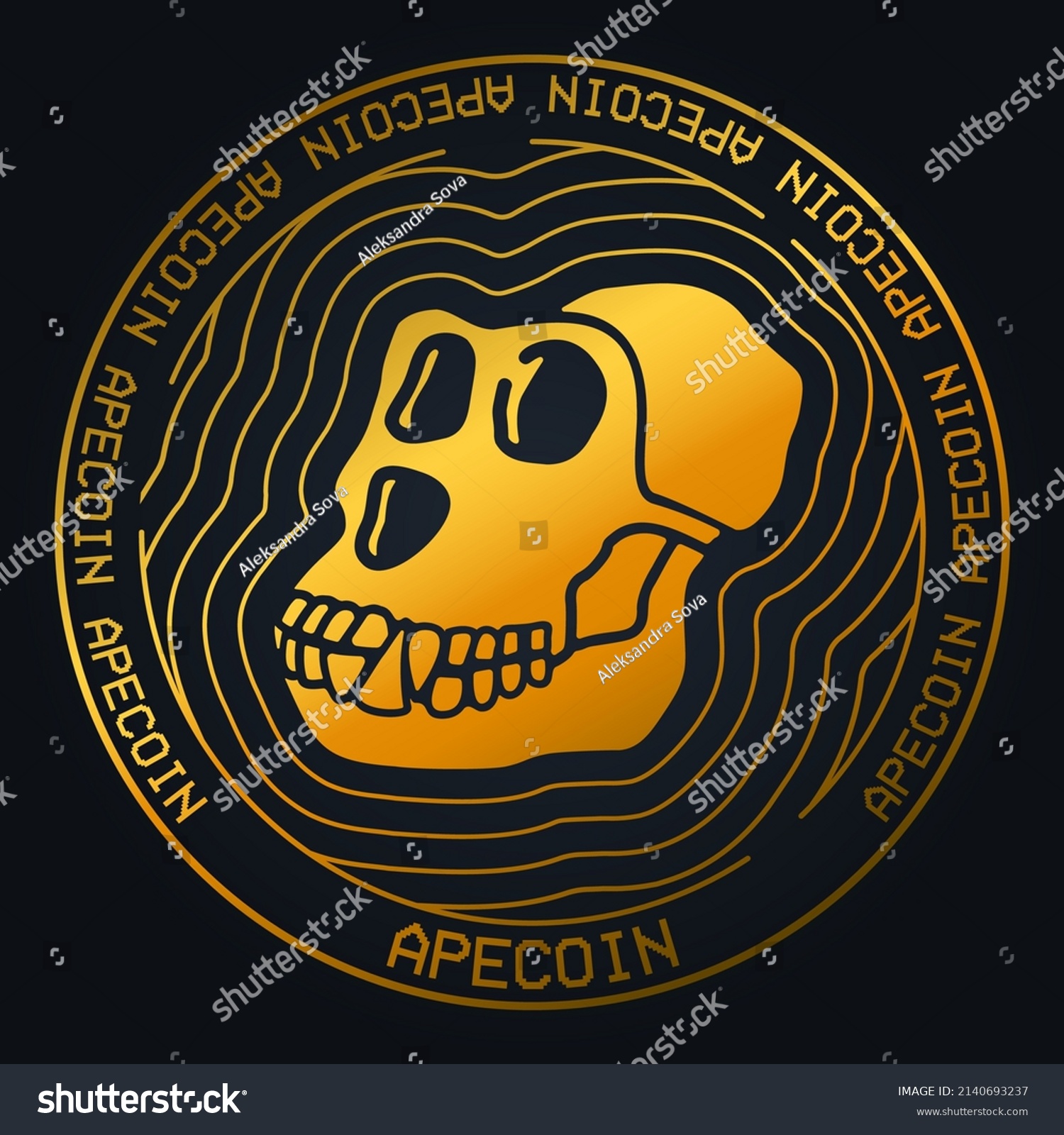 SVG of Apecoin APE cryptocurrency vector background. Golden coin logo on black color backdrop. Vector illustration. svg